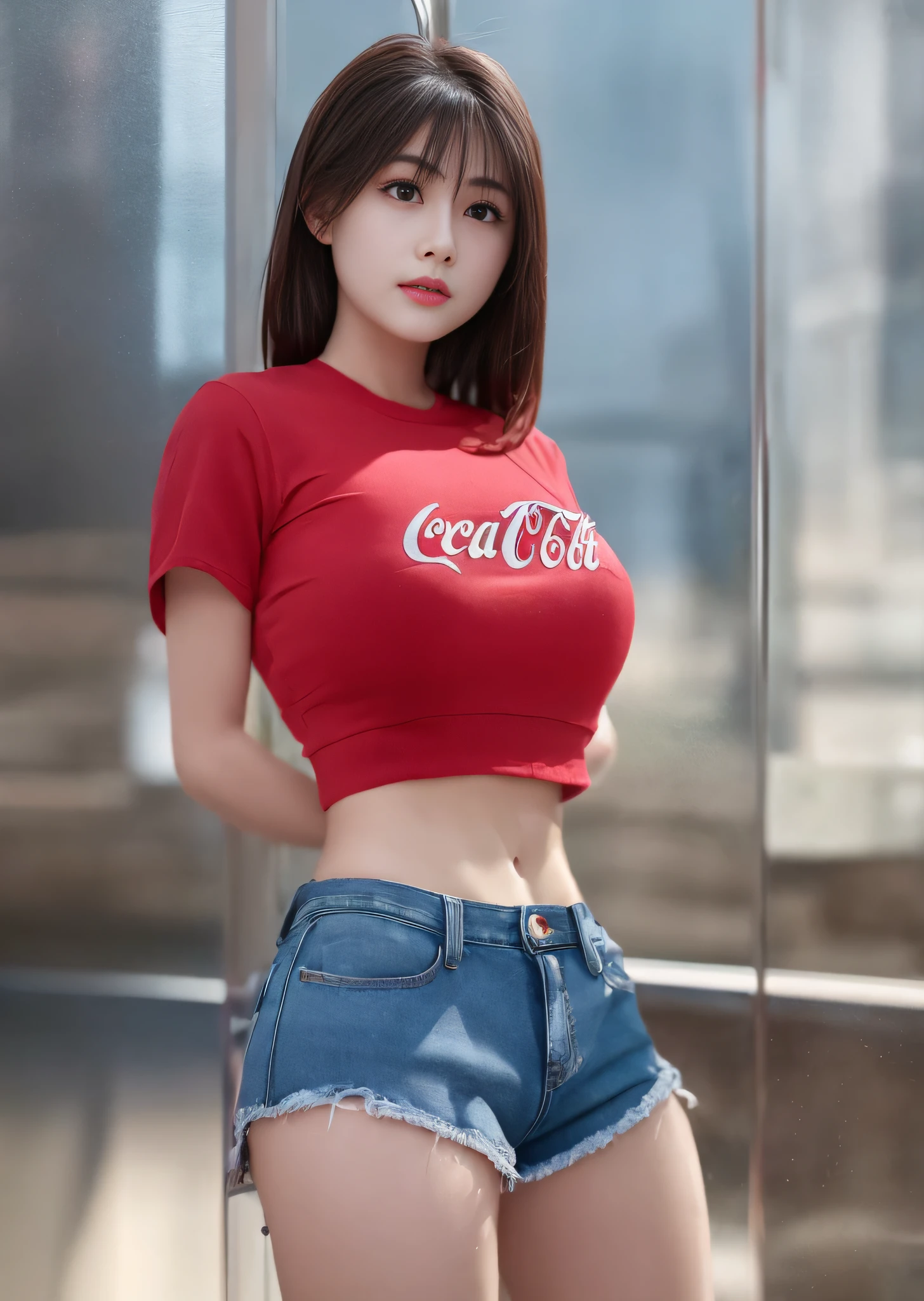 beautiful skyline, large grasslands, extremely tense and dramatic pictures, high hanging Polaris, colorful natural glare. A girl in red Coca-Cola crew-neck top and torn blue denim short shorts,