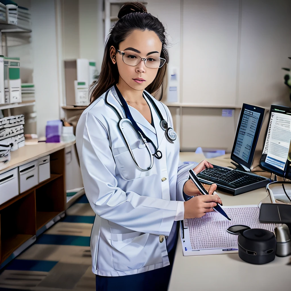 arafed female doctor in white coat writing on clipboard in office, wearing lab coat and a blouse, healthcare worker, wearing lab coat, wearing a white lab coat, medical photography, medical doctor, wearing lab coat, wearing a lab coat, with a stethoscope, digitally painted, portrait of a female pathologist, medical lab, doctor, digital medical equipment