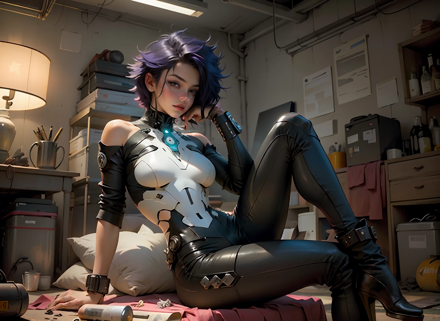 Beautiful woman colored hair, laying down cross-legged sexy leather clothes long breasts cyberpunk style realistic detailed, ghost in the shell futuristic