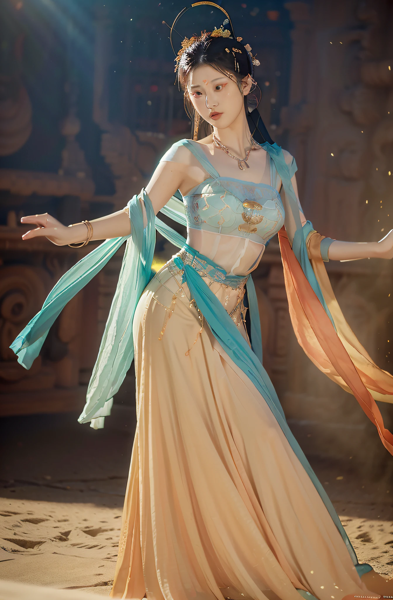 (8K, OriginalPhotographs, Best quality, The Masterpiece:1.2), (Realistic, photo-realistic:1.4), (Extremely detailed CG unity 8k wallpaper), 1 Girl Solo, dunhuang_Dress, dunhuang_style, dunhuang_backgrounds,Dancing in the air