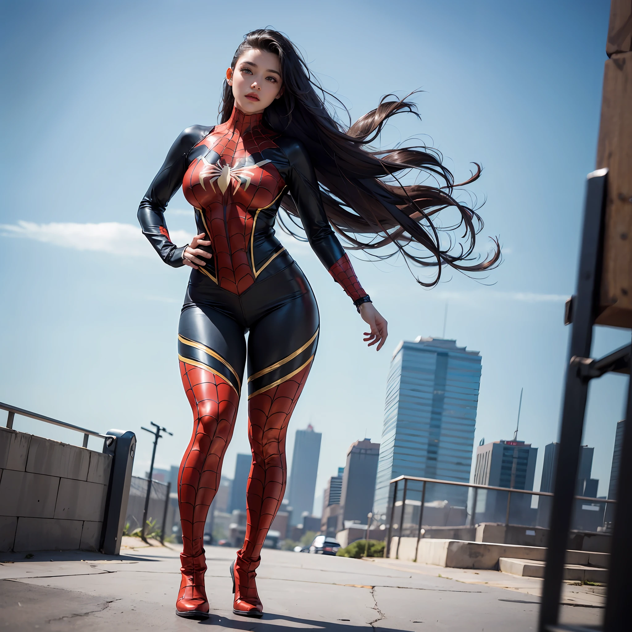 a sexy curvy girl, wearing authentic spiderman cosplay custume, outdoor park setting, full body shot, sexy pose, photorealistic, (hi-top fade:1.3), dynamic cinematic pose, alluring, long hair soothing tones, muted colors, high contrast, (natural skin texture, hyperrealism, soft light, sharp),