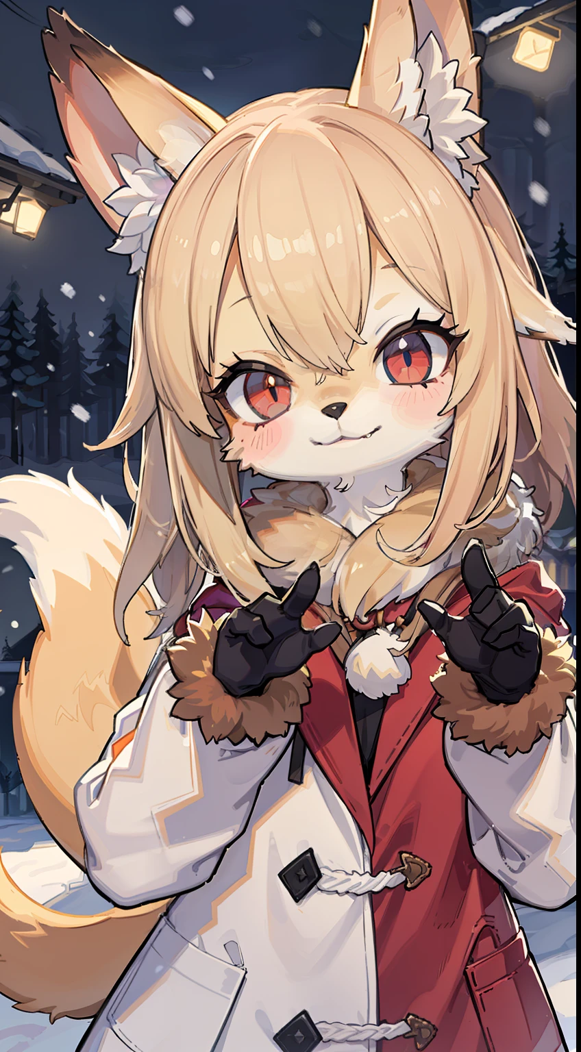 Fox girl, furry, furry, golden fur, golden face fur, long blonde hair, eyes with light, red eyes, super cute face, brown elements on fur, white coat, beautiful lights and shadows, ambient light, super fine fur, volumetric light, night, natural lighting, smile, fluffy tail, color contact lenses, Christmas background, snow, bright pupils, smiley