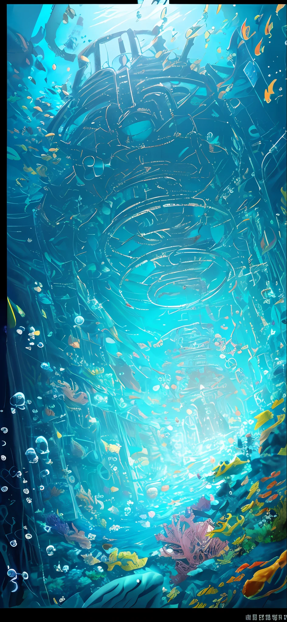 The best quality, the best photos, the details, the mechanical world on the horizontal line and the ((underwater world)) below the horizontal line, mirror symmetrical division, magic perspective, strong contrast, geometric shapes, mechanical creatures, steel, (Bubbles from water bubbles), lights flickering on a dark background. -- v 6