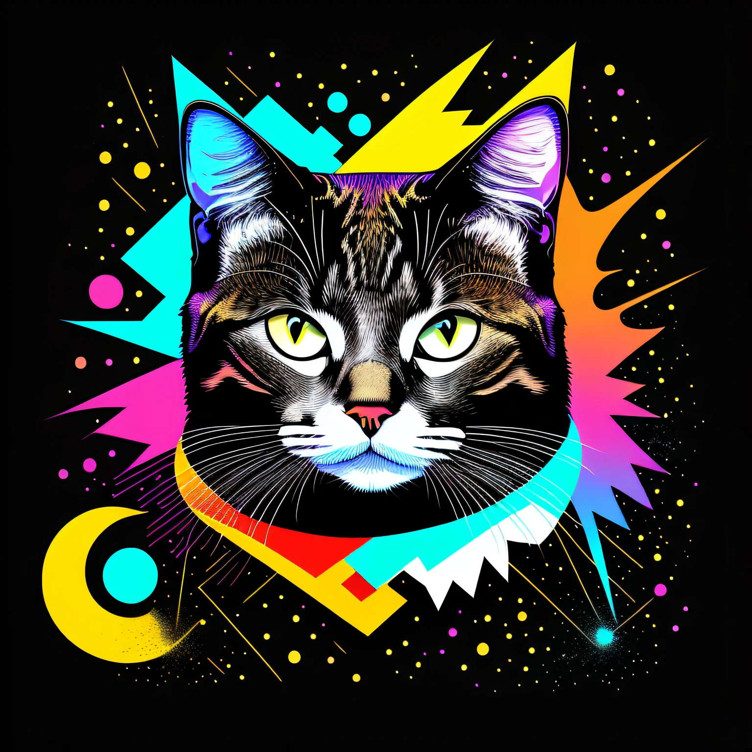 Create some illustrations with black background of an abstract and geometric cat using vibrant colors to be used as a T-shirt print. --auto