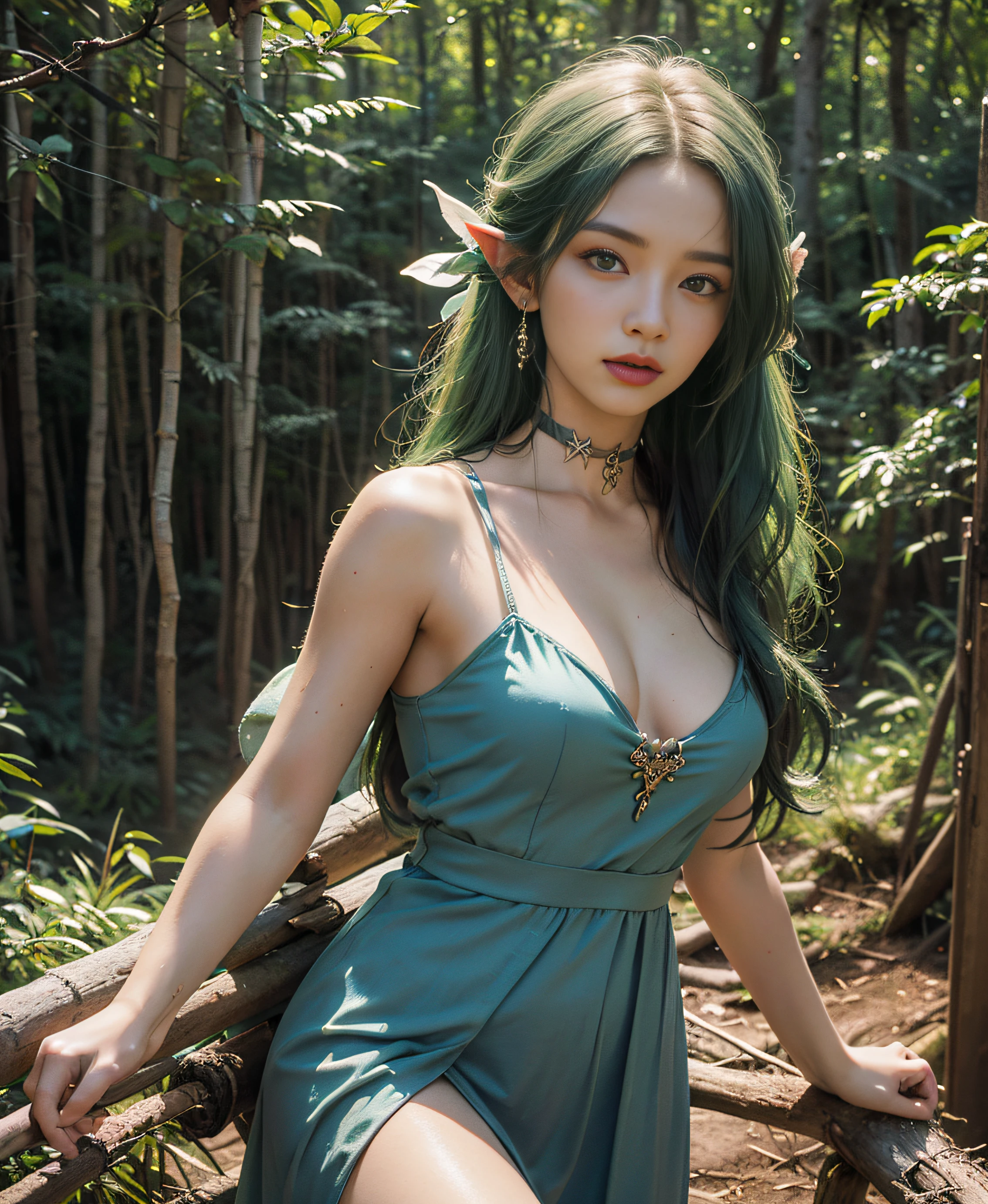 Top image quality、ultra-highresolution、Masterpiece、Photoquality(photo realistic image:1.8)、pores、accuracy、Green hair、slong hair、long pointed ears、elvish、full entire body、standing a、see through dress、With a bow and arrow、choker、tiny breast、Beautiful face、20-year-old、forests、forest fae、