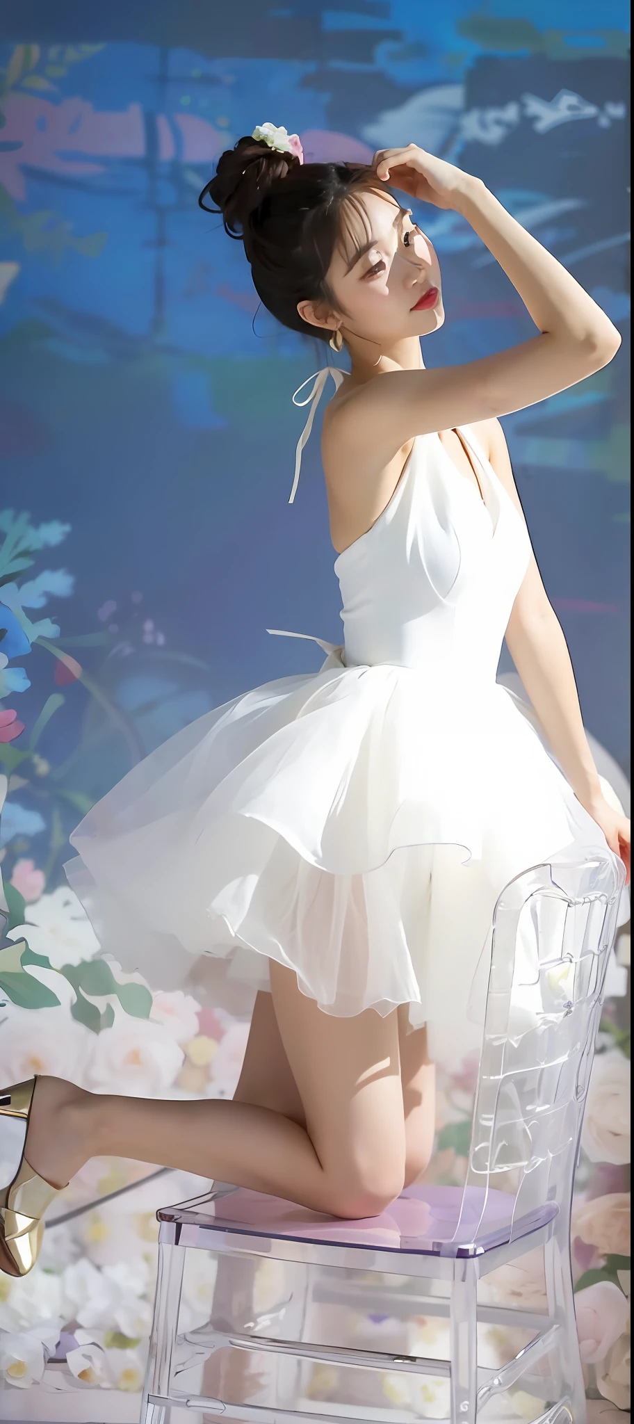 Flowers all over the wall, (best light: 1.2, cute Chinese girl: 1.2, [white dress: 1.3], full body, beautiful dance moves, wearing pink long-haired mink bandeau dress, multicolored flower wall, poster level, flowers on the wall are not crowded, elegant and colorful: 1.1, bright and moving: 1.1, [ultra-detailed: 1.2 + dynamic pose + delicate: 1.2],), big breasts, pursed lips, The sides are five-colored flowers, the wall is pink hydrangeas, roses, colorful chrysanthemums, and the background wall is a wall of flowers dominated by pink