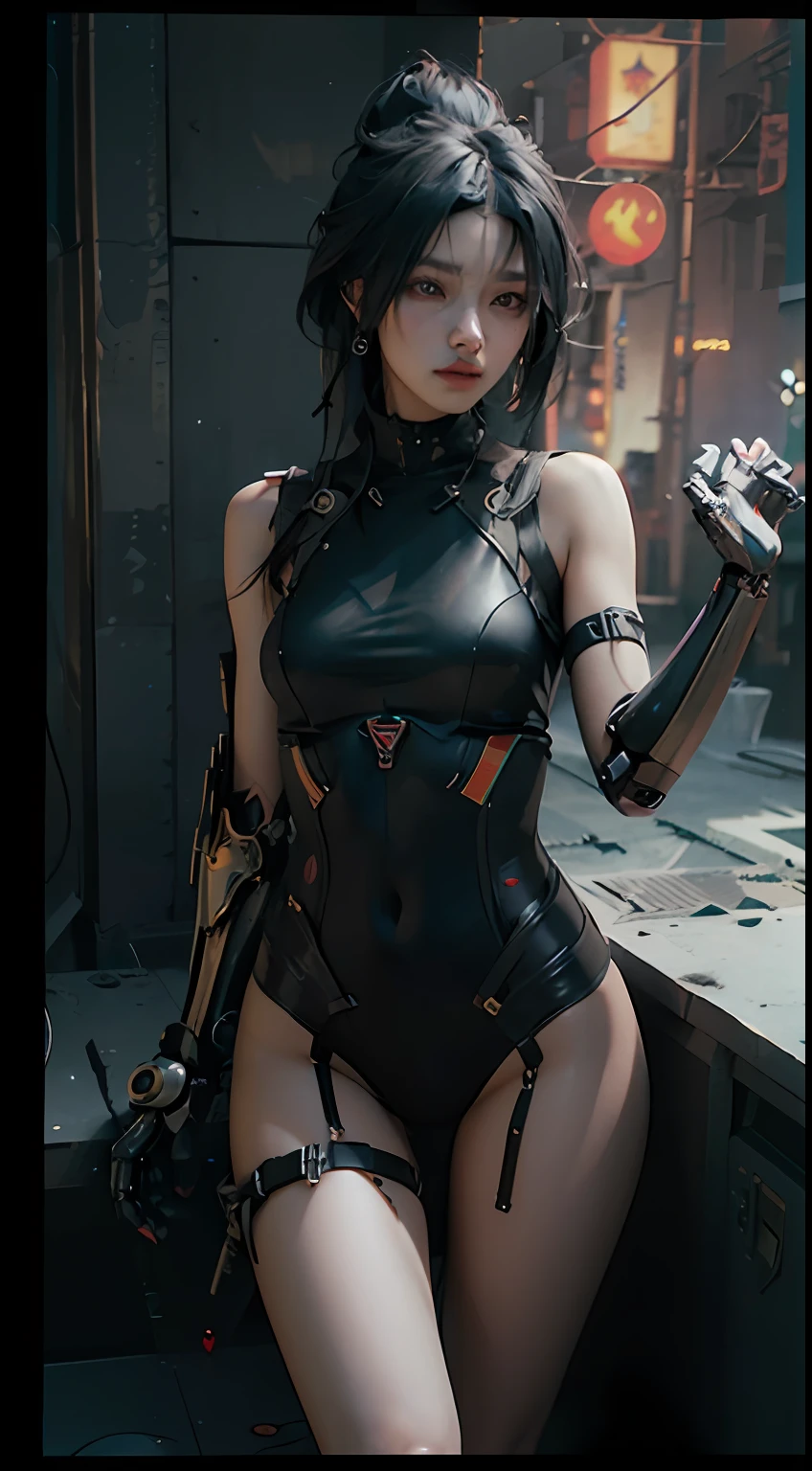 ((best qualiy)), ((A masterpie)), (full details:1.4), 3D, Images of beautiful cyberpunk girls,night、A dark、neon signs、Chinese girl、bladerunner、HDR(High Dynamic Range),raytraced,NVIDIA RTX,The ultra-Resolution,Unreal 5,(Mechanical arm:1.4)、(Machine Eyes:1.4)、small breasts、sub-surface Scattering,PBR Texturing,Postprocess,Anisotropic filtering,Depth-of-field,Maximum clarity and sharpness,multi-layer texture,Albedo and specular maps,Surface Shading,Accurate simulation of light-material interactions,perfect proportion,Octane Rendering,Two-tone lighting,Wide aperture,Low ISO、White Balance、Rule of thirds、8K RAW、