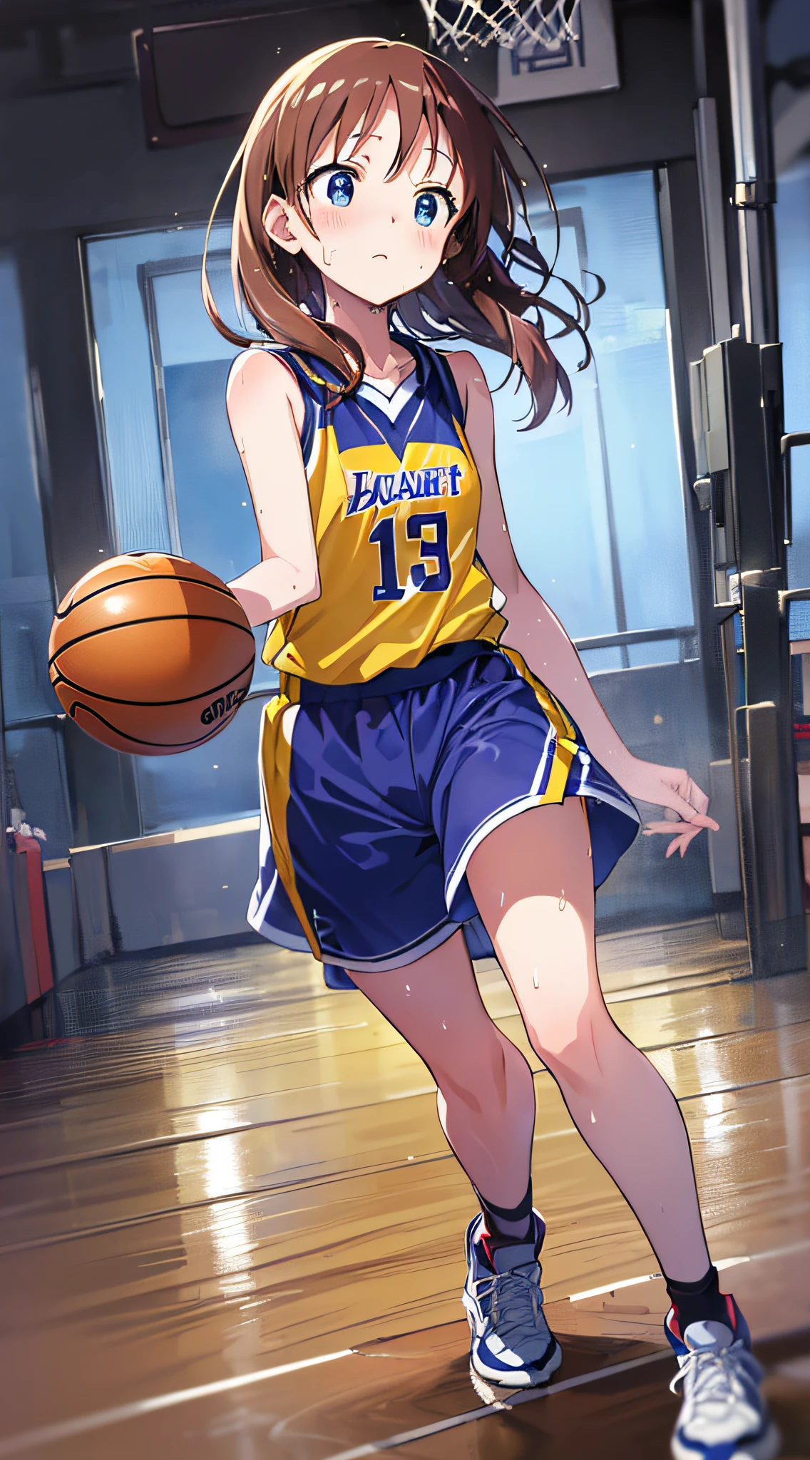(best qualiy,アニメ,Anime Art Style:1.2) yuyushiki, girl, 13yo,at glows、Playing the Basketball, (Looking away:1.5),Sleeveless,During a basketball game