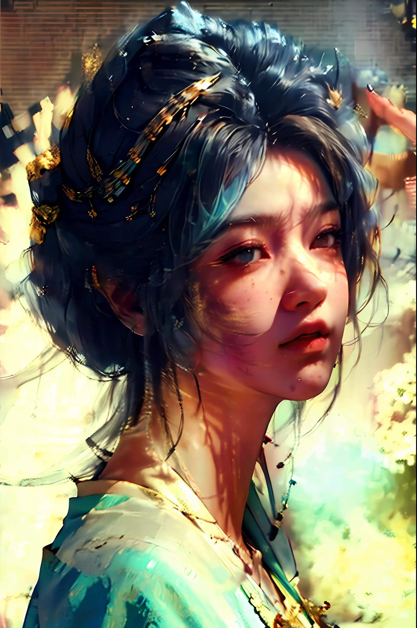 (RAW photo, best quality), (realistic, photo-realistic:1.3),best quality,highly detailed,masterpiece,ultra-detailed,illustration,1boy,handsome boy,dynamic angle,world masterpiece theater,messy_long_hair,best quality,extremely detailed CG unity 8k wallpaper,ink,Amazing,cinematic lighting,lens_flare, dunhuang_style
