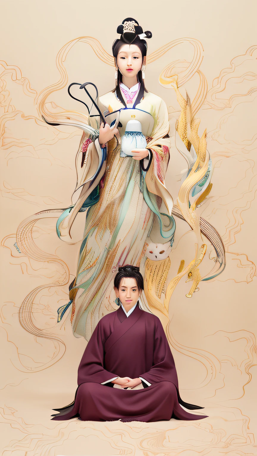 A Chinese female Taoist priest sitting in a meditative posture and the image of Alaferd of a fox, korean art nouveau anime, Flowing black hair and robes, inspired by Guan Daosheng, inspired by Lü Ji, inspired by Jin Nong, korean mythology, detailed fanart, inspired by Luo Mu, inspired by Zhu Derun, inspired by Yun Du-seo, ancient chinese goddess