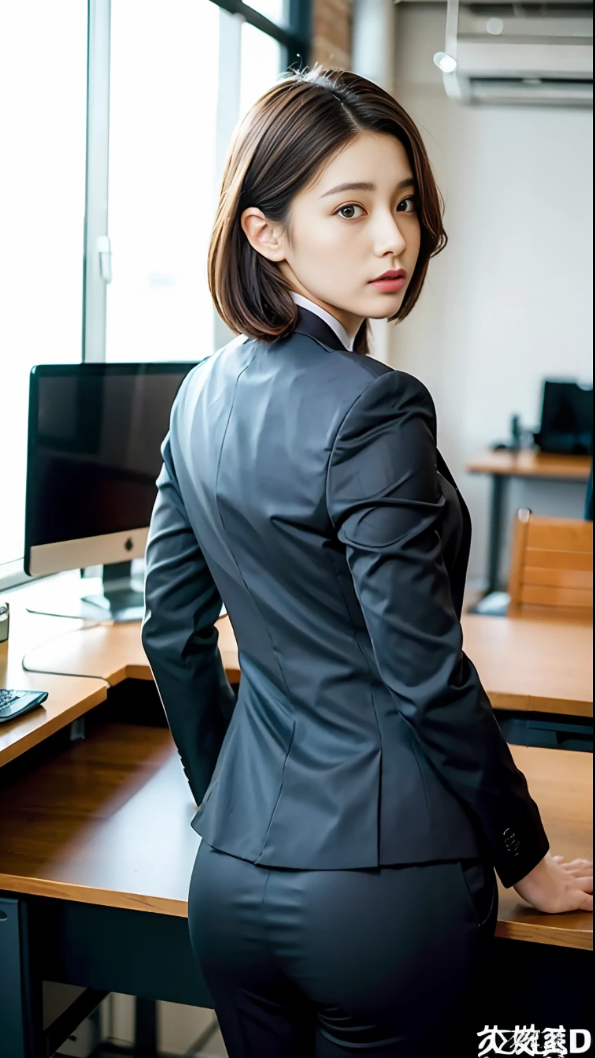 (best quality, 8k, 32k, masterpiece, UHD: 1.2), 1 girl, beautiful Japanese woman, thin waist, gray suit, OL, suit, pants, from behind, office, desk, (butt sticks out: 1.3), fine face, short hair,