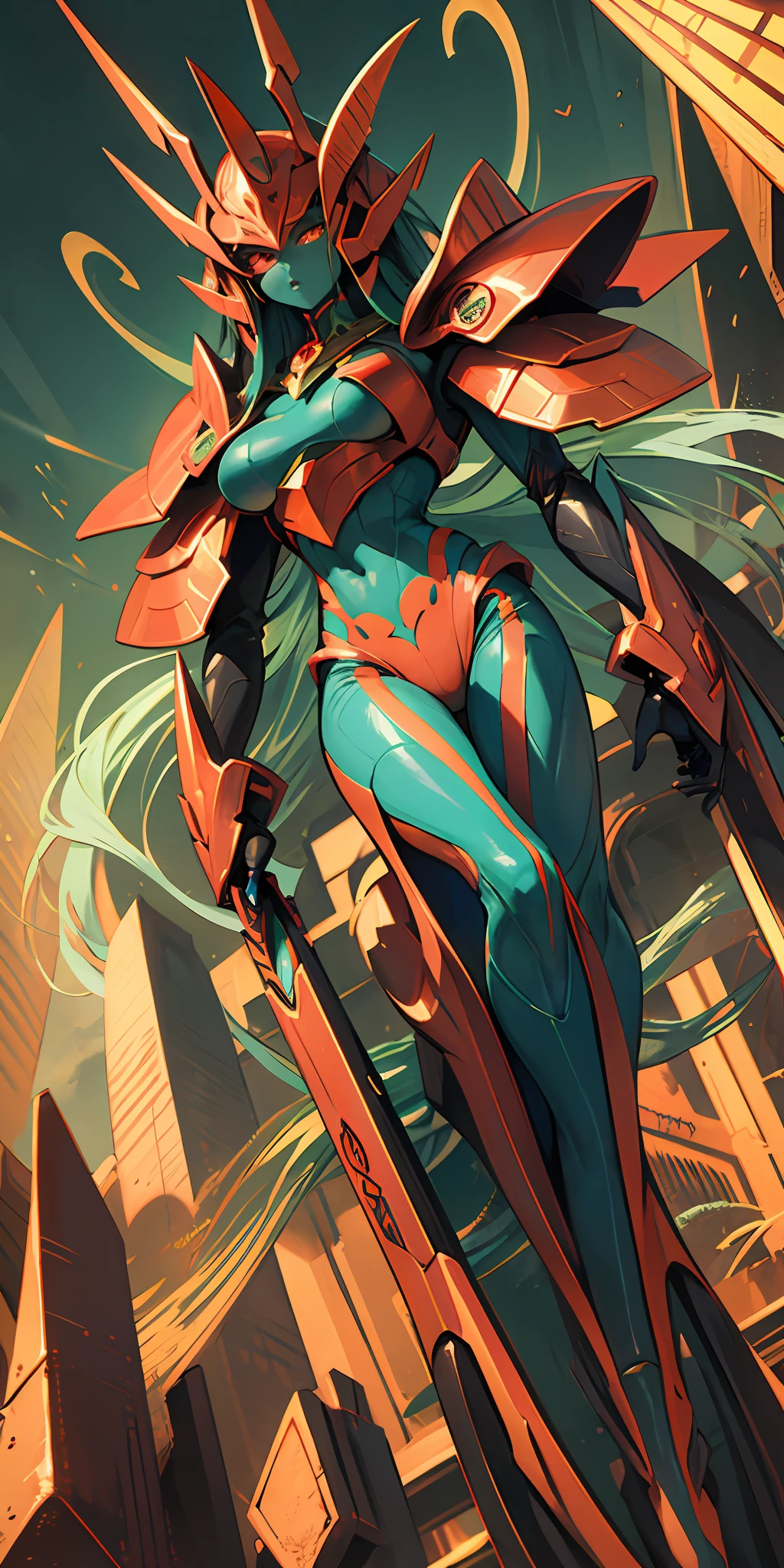 Cartoon photo of woman in green and red costume, hot insect humanoid woman, Guyver style, SFW version, red eye, scarab reploid, bellows tail, cel shade adult animation, alien queen, serpentine pose,