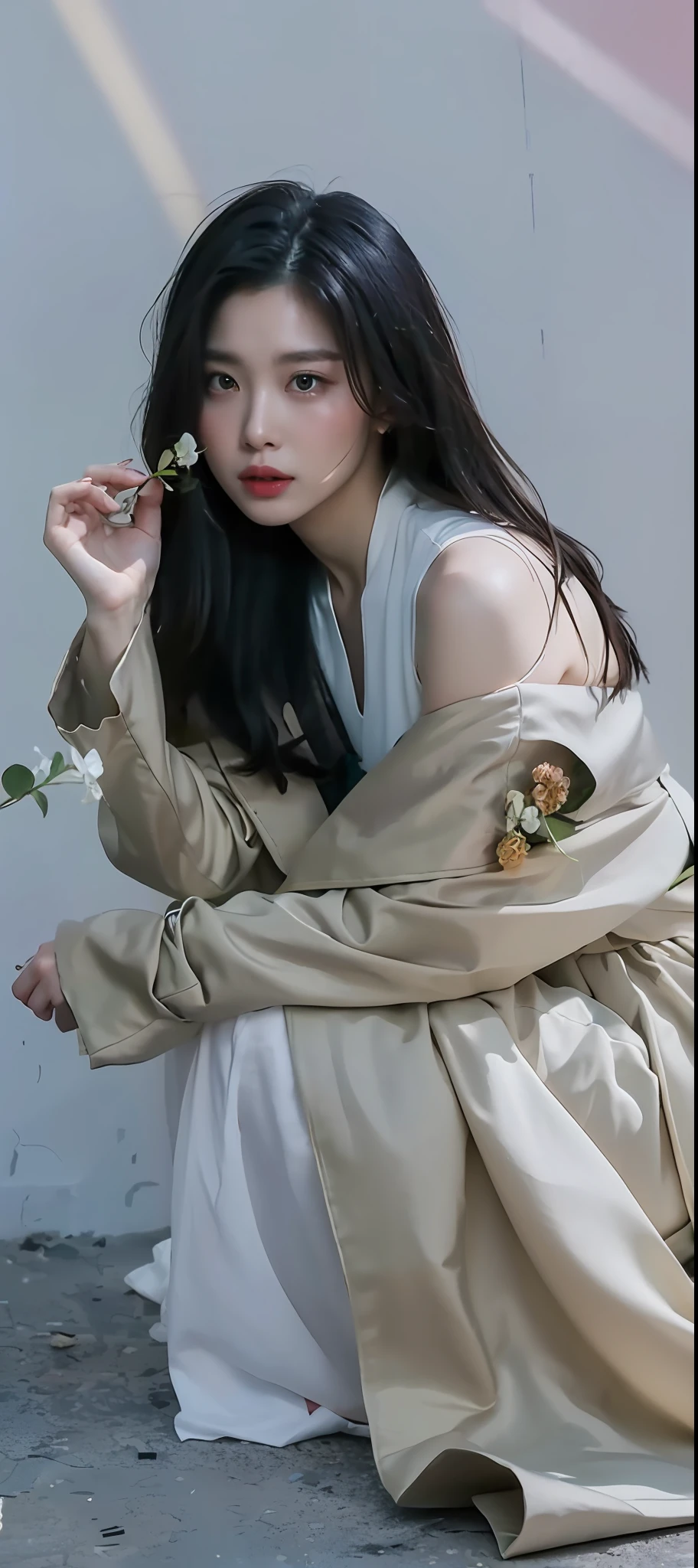 Flowers all over the wall, (best light: 1.2, cute Chinese girl: 1.2, [white dress: 1.3], full body, beautiful dance moves, wearing pink long-haired mink bandeau dress, multicolored flower wall, poster level, flowers on the wall are not crowded, elegant and colorful: 1.1, bright and moving: 1.1, [ultra-detailed: 1.2 + dynamic pose + delicate: 1.2],), big breasts, pursed lips, The sides are five-colored flowers, the wall is pink hydrangeas, roses, colorful chrysanthemums, and the background wall is a wall of flowers dominated by pink