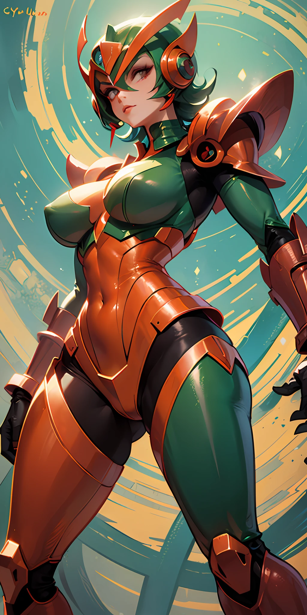 Cartoon photo of woman in green and red costume, hot insect humanoid woman, Guyver style, SFW version, red eye, scarab reploid, bellows tail, cel shade adult animation, alien queen, serpentine pose,