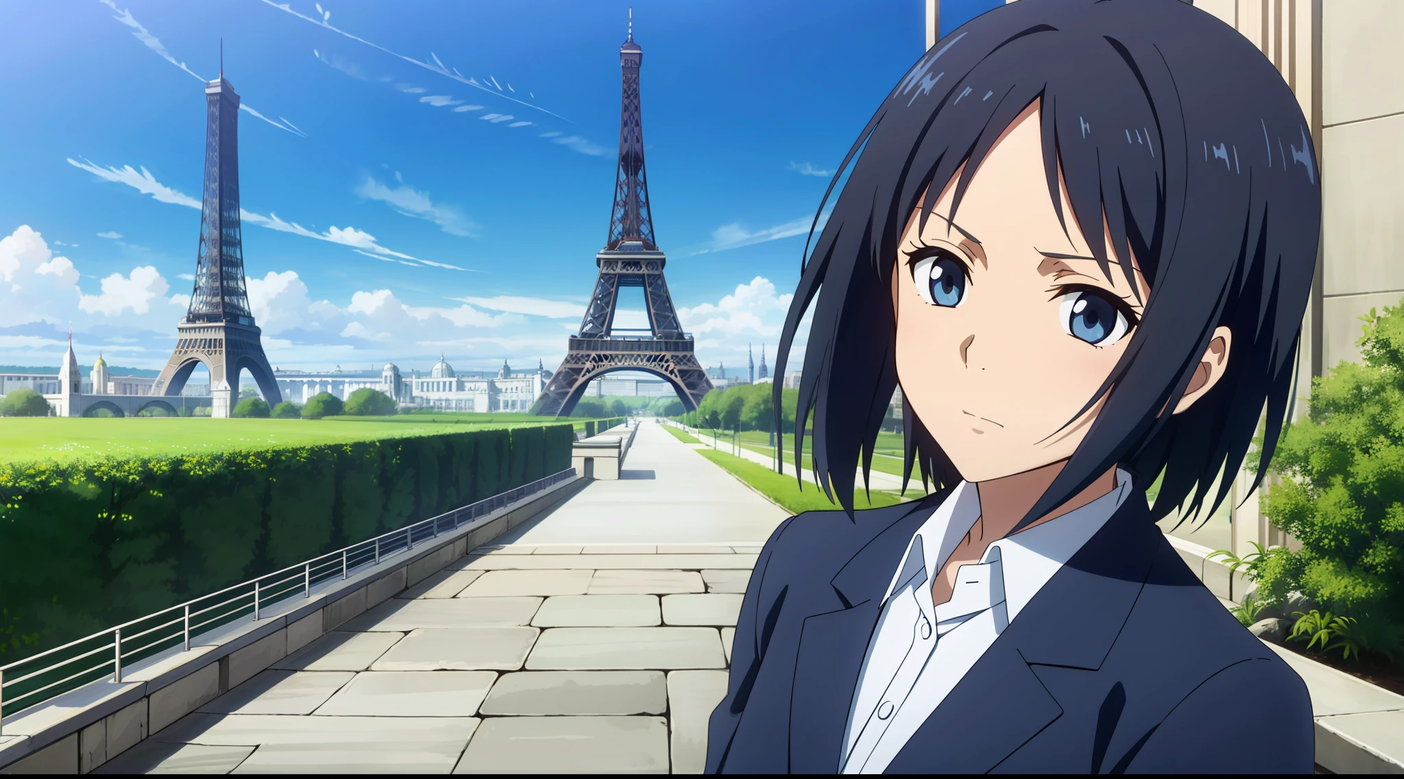obra maestra, mejor calidad, muy detallado , 1girl, solo, cabello negro, cabello corto, ojos azules, camisa, corbata, sentado, scared, palace, cute, torre eiffel, francia, estatuas con moho, estatuas antiguas de fondo, la mujer esta asustada