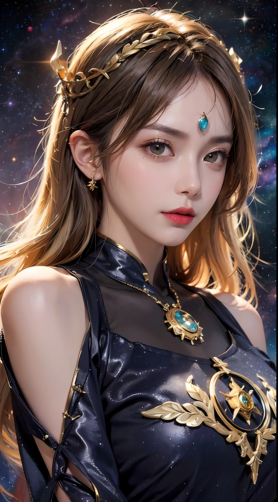 1 27-year-old girl, 1 zodiac goddess from the future, goddess of the pink and purple 12 zodiacs, the goddess of the zodiac in a yellow ao dai, a 12 zodiac ao dai with many black lace detail, mythology Goddess of the 12 zodiacs from the future, zodiac ♏, luxurious glittering zodiac style, dark and mysterious version, zodiac crown, lipstick lips red, thin and beautiful lips, don't smile, keep your mouth shut, characters made by karol bak and pino daeni, intricate detail, detailed background, extremely detailed, light magic, a woman, clear face, look at the face of goddess zodiac look at the zodiac goddess face, moderately large breasts, round breasts, Big and round breasts, hair long with bangs, beautiful face in detail and well-proportioned eyes, (transparent yellow eyes: 1.8), big round eyes and very beautiful and detailed makeup, foresight, silk dress, mysterious makeup, Bangles, double bangs and dyed light blonde, upper body, (zodiac goddess upper body: 1.9), arms hanging loosely, Realistic and vivid photo, (stars make up the zodiac: 1.7), (sky background zodiac and fictitious space and time portal: 1.8), fiction art, RAW photo, hanfu picture, best photo, high_res, best quality, best photo quality, 8k quality, 8k ultra, super realistic, real photo most economical, artistic portrait of goddess zodiac, 1 symbol of 12 zodiac signs on the back, single portrait of 1 zodiac goddess, The most realistic color scheme, the best photo color, masterpiece, hair ornament, necklace, jewelry, Beautiful face, upon body, tyndall effect, photo realistic, dark studio, rim lighting, two tone lighting, (high detailed skin:1.2), 8k uhd, dslr, soft lighting, high quality, volumetric lighting, candid, Photograph, high resolution, 4k, 8k quality, Bokeh, Smooth and sharp, increase the pixel by 10x, Charming zodiac goddess, sexy zodiac goddess, (background space:1.8), (galaxy: 1.7), aurora, lightning, (Auroral Background: 1.8),(Virgo zodiac sign: 1.8), <lora:locon_perfecteyes_v1_from_v1_