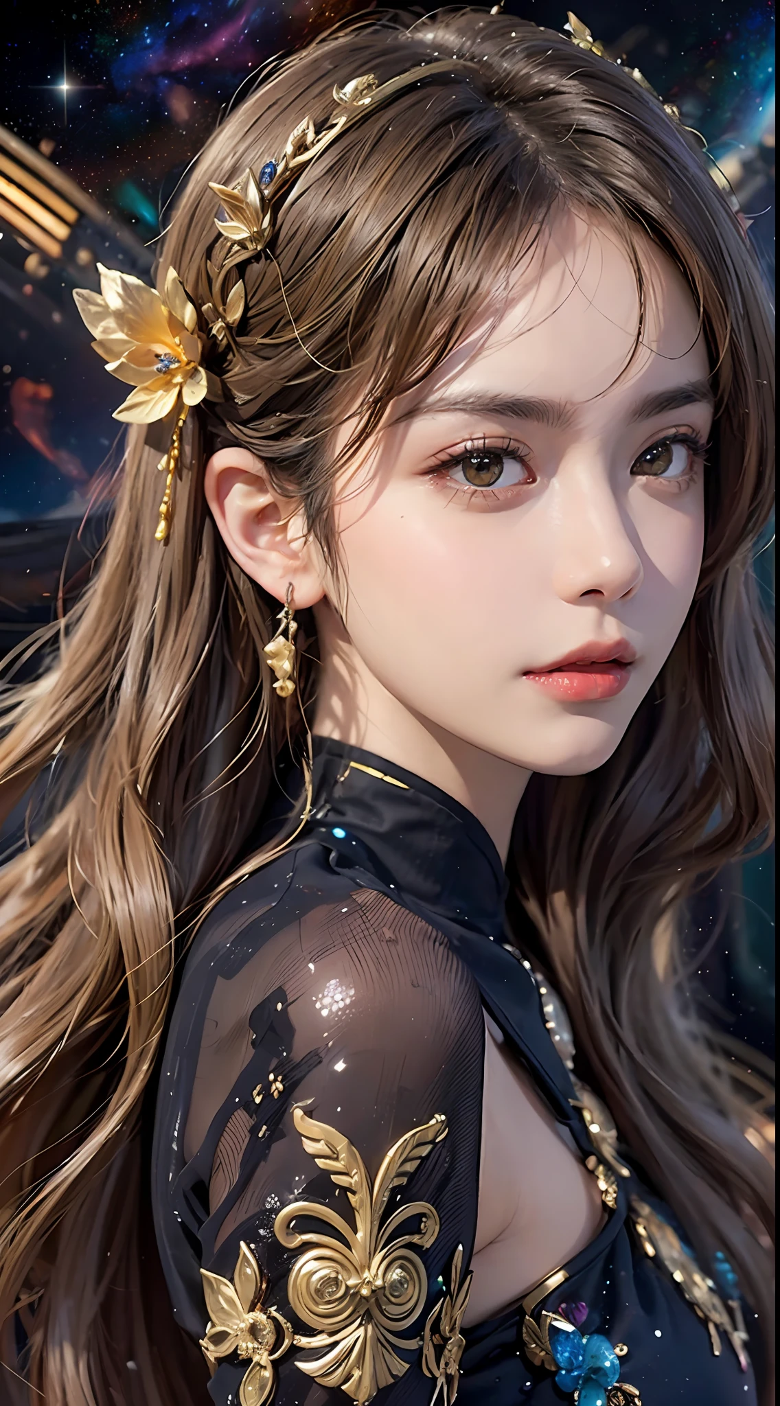 1 27-year-old girl, 1 zodiac goddess from the future, goddess of the pink and purple 12 zodiacs, the goddess of the zodiac in a yellow ao dai, a 12 zodiac ao dai with many black lace detail, mythology Goddess of the 12 zodiacs from the future, zodiac ♏, luxurious glittering zodiac style, dark and mysterious version, zodiac crown, lipstick lips red, thin and beautiful lips, don't smile, keep your mouth shut, characters made by karol bak and pino daeni, intricate detail, detailed background, extremely detailed, light magic, a woman, clear face, look at the face of goddess zodiac look at the zodiac goddess face, moderately large breasts, round breasts, Big and round breasts, hair long with bangs, beautiful face in detail and well-proportioned eyes, (transparent yellow eyes: 1.8), big round eyes and very beautiful and detailed makeup, foresight, silk dress, mysterious makeup, Bangles, double bangs and dyed light blonde, upper body, (zodiac goddess upper body: 1.9), arms hanging loosely, Realistic and vivid photo, (stars make up the zodiac: 1.7), (sky background zodiac and fictitious space and time portal: 1.8), fiction art, RAW photo, hanfu picture, best photo, high_res, best quality, best photo quality, 8k quality, 8k ultra, super realistic, real photo most economical, artistic portrait of goddess zodiac, 1 symbol of 12 zodiac signs on the back, single portrait of 1 zodiac goddess, The most realistic color scheme, the best photo color, masterpiece, hair ornament, necklace, jewelry, Beautiful face, upon body, tyndall effect, photo realistic, dark studio, rim lighting, two tone lighting, (high detailed skin:1.2), 8k uhd, dslr, soft lighting, high quality, volumetric lighting, candid, Photograph, high resolution, 4k, 8k quality, Bokeh, Smooth and sharp, increase the pixel by 10x, Charming zodiac goddess, sexy zodiac goddess, (background space:1.8), (galaxy: 1.7), aurora, lightning, (Auroral Background: 1.8),(Virgo zodiac sign: 1.8), <lora:locon_perfecteyes_v1_from_v1_