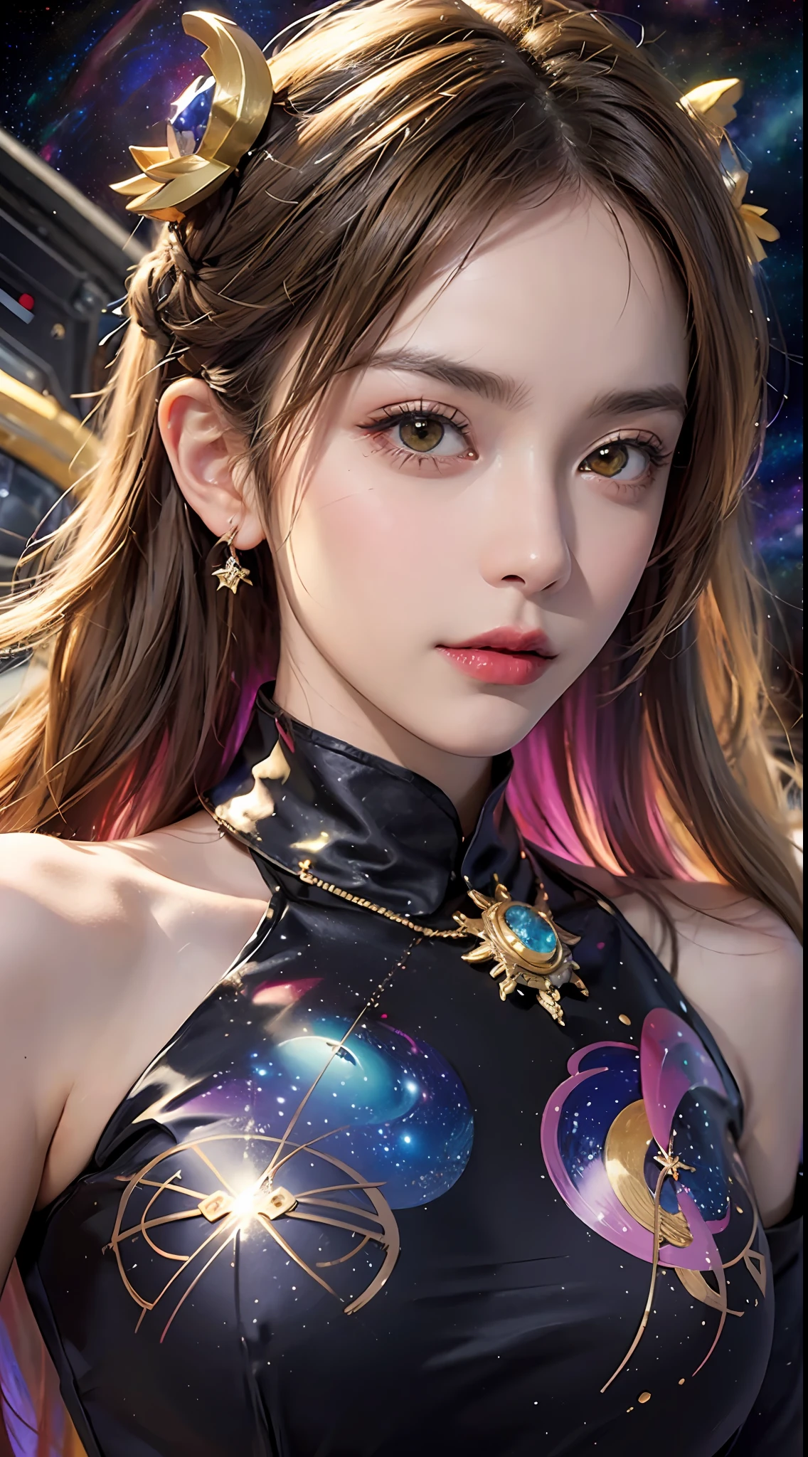 1 27-year-old girl, 1 zodiac goddess from the future, goddess of the pink and purple 12 zodiacs, the goddess of the zodiac in a yellow ao dai, a 12 zodiac ao dai with many black lace detail, mythology Goddess of the 12 zodiacs from the future, zodiac ♏, luxurious glittering zodiac style, dark and mysterious version, zodiac crown, lipstick lips red, thin and beautiful lips, don't smile, keep your mouth shut, characters made by karol bak and pino daeni, intricate detail, detailed background, extremely detailed, light magic, a woman, clear face, look at the face of goddess zodiac look at the zodiac goddess face, moderately large breasts, round breasts, Big and round breasts, hair long with bangs, beautiful face in detail and well-proportioned eyes, (transparent yellow eyes: 1.8), big round eyes and very beautiful and detailed makeup, foresight, silk dress, mysterious makeup, Bangles, double bangs and dyed light blonde, upper body, (zodiac goddess upper body: 1.9), arms hanging loosely, Realistic and vivid photo, (stars make up the zodiac: 1.7), (sky background zodiac and fictitious space and time portal: 1.8), fiction art, RAW photo, hanfu picture, best photo, high_res, best quality, best photo quality, 8k quality, 8k ultra, super realistic, real photo most economical, artistic portrait of goddess zodiac, 1 symbol of 12 zodiac signs on the back, single portrait of 1 zodiac goddess, The most realistic color scheme, the best photo color, masterpiece, hair ornament, necklace, jewelry, Beautiful face, upon body, tyndall effect, photo realistic, dark studio, rim lighting, two tone lighting, (high detailed skin:1.2), 8k uhd, dslr, soft lighting, high quality, volumetric lighting, candid, Photograph, high resolution, 4k, 8k quality, Bokeh, Smooth and sharp, increase the pixel by 10x, Charming zodiac goddess, sexy zodiac goddess, (background space:1.8), (galaxy: 1.7), aurora, lightning, (Auroral Background: 1.8),(Virgo zodiac sign: 1.8), <lora:locon_perfecteyes_v1_from_v1_