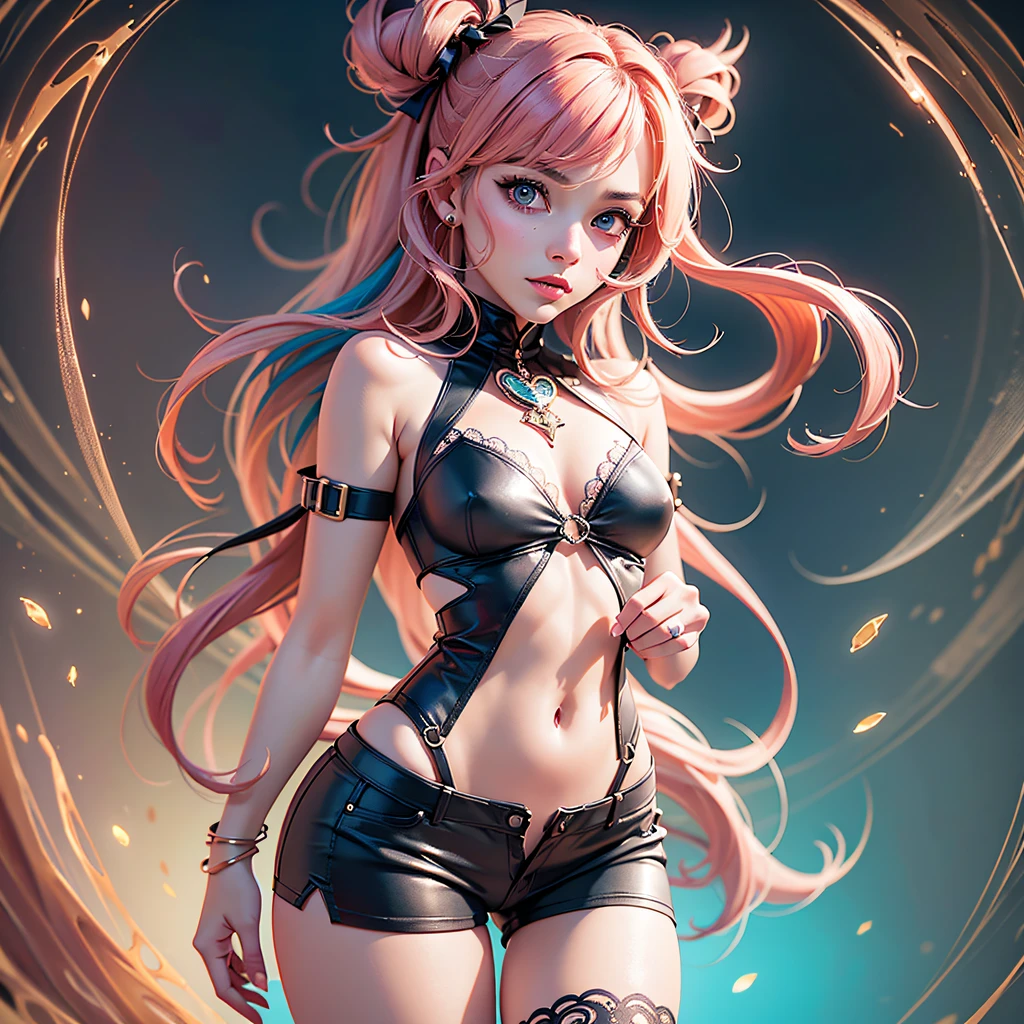 ultra real photo vibrant pastel colors illustration, joyful Kizuna AI, perfect hourglass figure, perky chest, wearing a long shorts, delicate knees, concept art, rule of thirds, insane details, intricate details, hyperdetailed, warm shot, by Carne Griffiths, soft orange-pink hair, blue pupils, ultra tight thigh-highs, ultra warm stage lights background, candy fashion, trending on artstation, 8k, perfect anatomy, ultra soaked in milk skin, epic lighting, high contrast, ultra skin indentation, delicate, high quality, ultra real photo, intricate face, cute accessory, warm pastel background color, colorful, color grading, (ultra wide angle:1.5), depth of field, hyperdetailed, insane details, intricate details, (lut:1.5), art by (Oana Rinaldi:1.5),