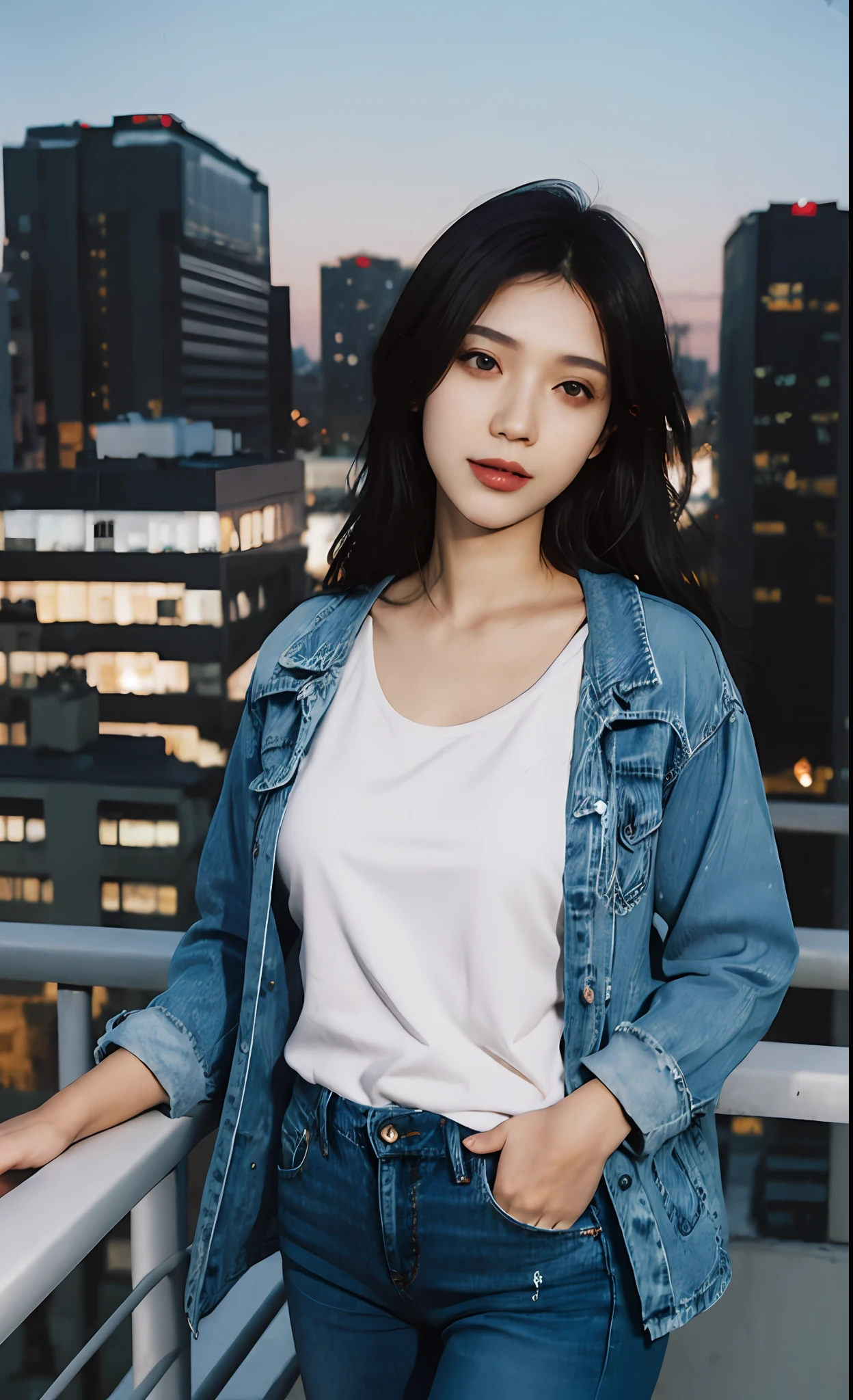 1girl, stylish outfit, fitted jeans, oversized jacket, fashionable accessories, (realistic detailed eyes, natural skin texture, confident expression), cityscape backdrop, rooftop or high-rise balcony, dynamic composition, engaging pose, soft yet striking lighting, shallow depth of field, bokeh from city lights, sharp details, highly detailed, hyper-realistic, 50mm lens, naturally blurred background.