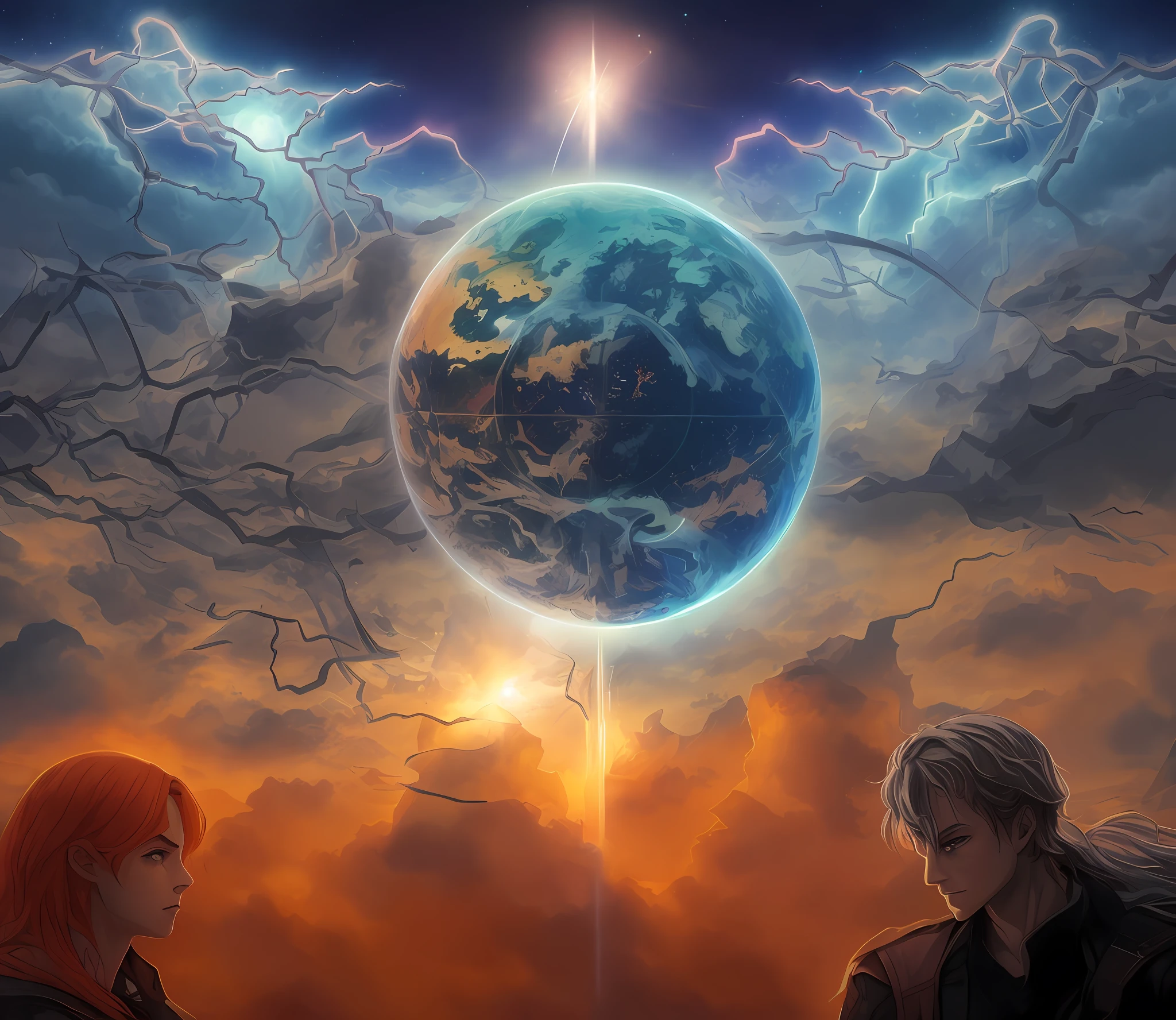 there is a man that is standing in front of a picture of a planet, batalha entre o bem e o mal, fan art, fogo laranja/dualidade gelo azul!, terra com um lado normal e o outro Fim do Mundo, creation of the world, o bem contra o mal, amazing wallpaper, gelo e fogo, o bem e o mal, o bem contra o mal, Fanart, heaven vs hell, Light vs Darkness, Fim do Mundo de um lado