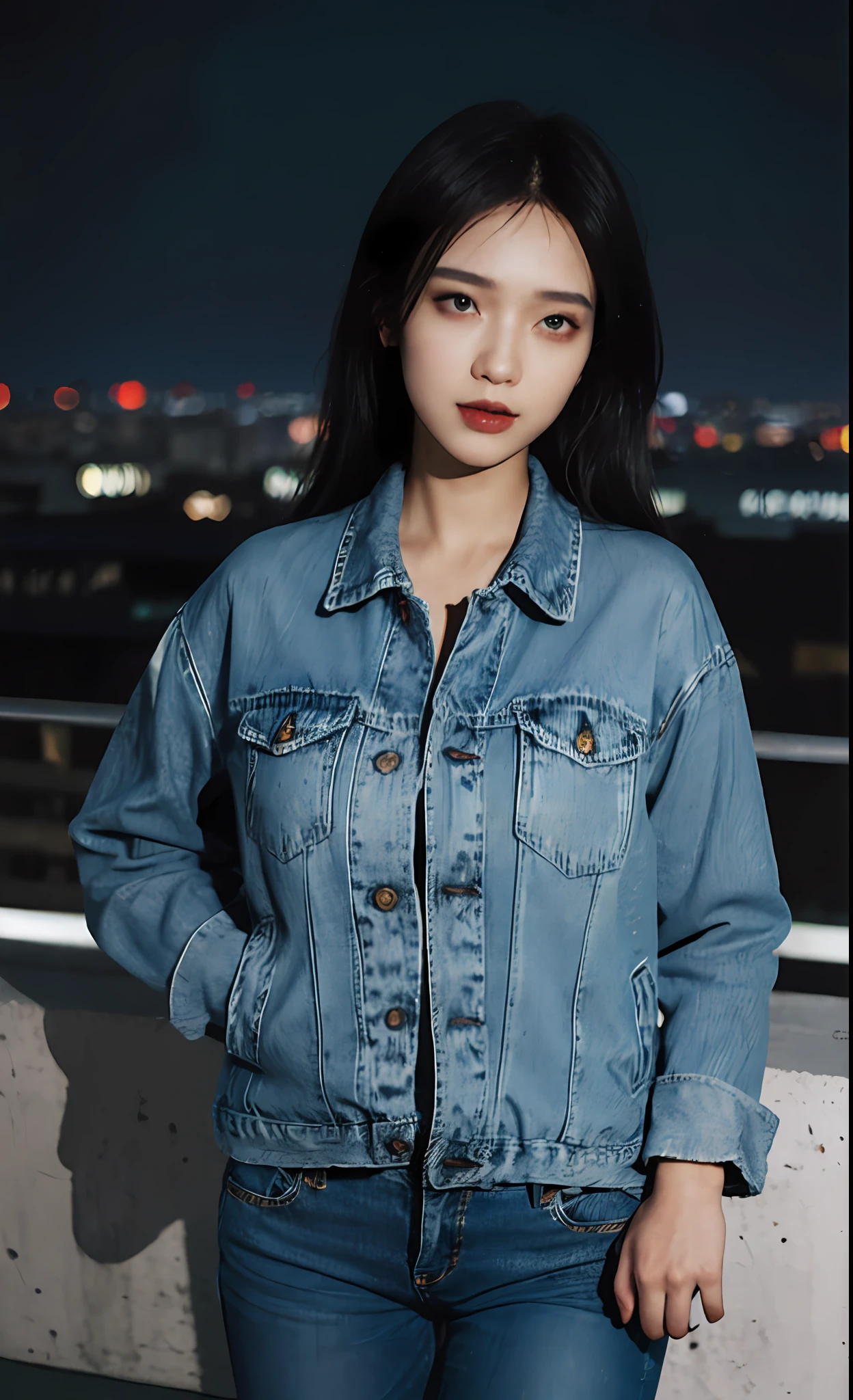 1girl, stylish outfit, fitted jeans, oversized jacket, fashionable accessories, (realistic detailed eyes, natural skin texture, confident expression), cityscape backdrop, rooftop or high-rise balcony, dynamic composition, engaging pose, soft yet striking lighting, shallow depth of field, bokeh from city lights, sharp details, highly detailed, hyper-realistic, 50mm lens, naturally blurred background.