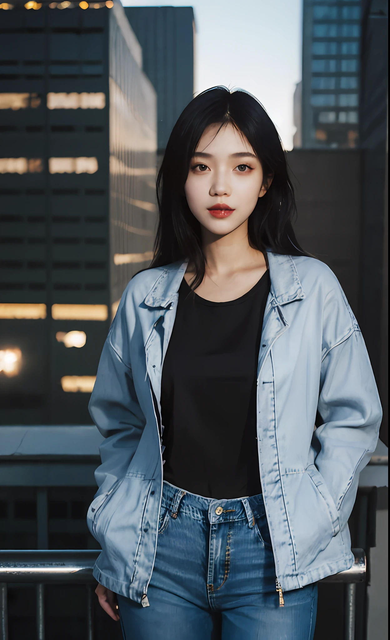 1girl, stylish outfit, fitted jeans, oversized jacket, fashionable accessories, (realistic detailed eyes, natural skin texture, confident expression), cityscape backdrop, rooftop or high-rise balcony, dynamic composition, engaging pose, soft yet striking lighting, shallow depth of field, bokeh from city lights, sharp details, highly detailed, hyper-realistic, 50mm lens, naturally blurred background.