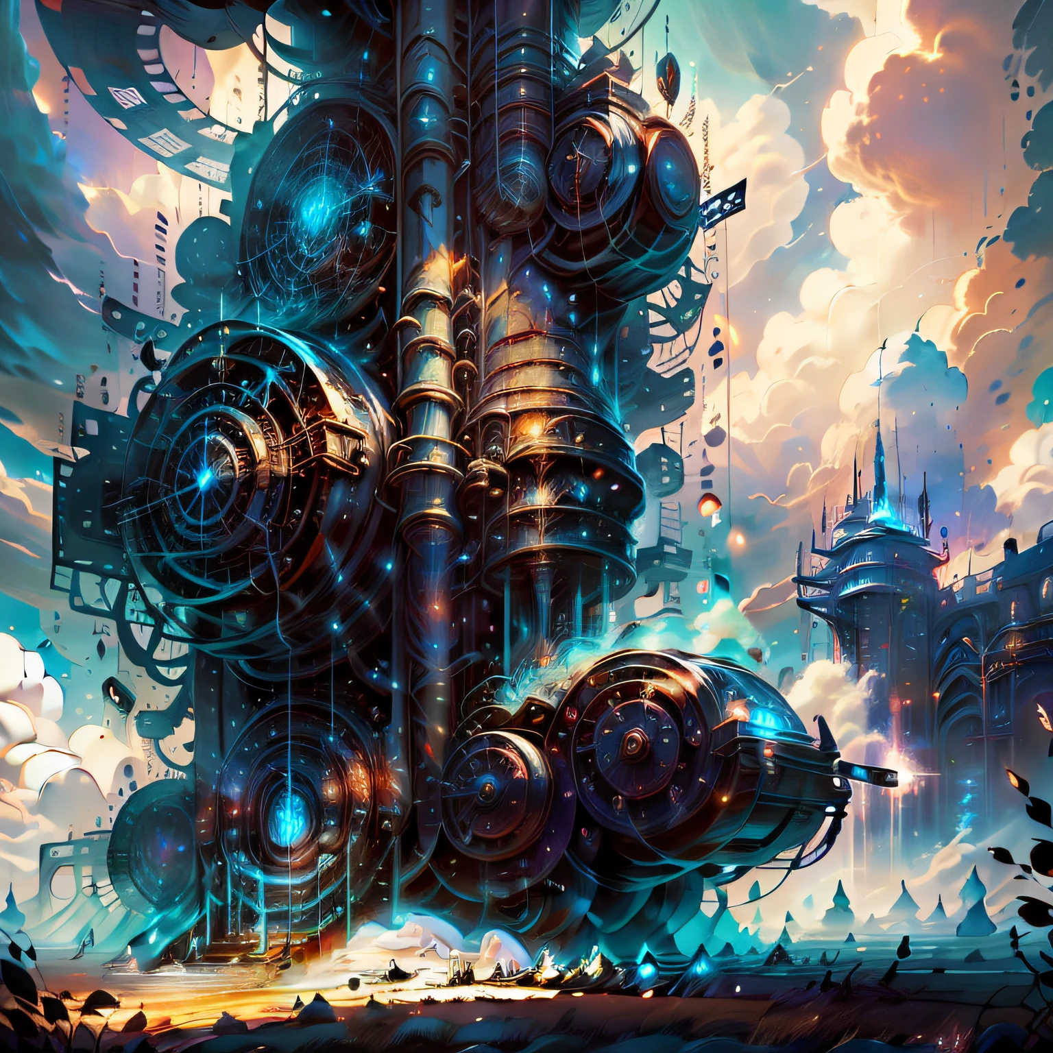 Our sky as a huge machinery controlled by hidden machines in the clouds, masterpiece, detailed, intricate,