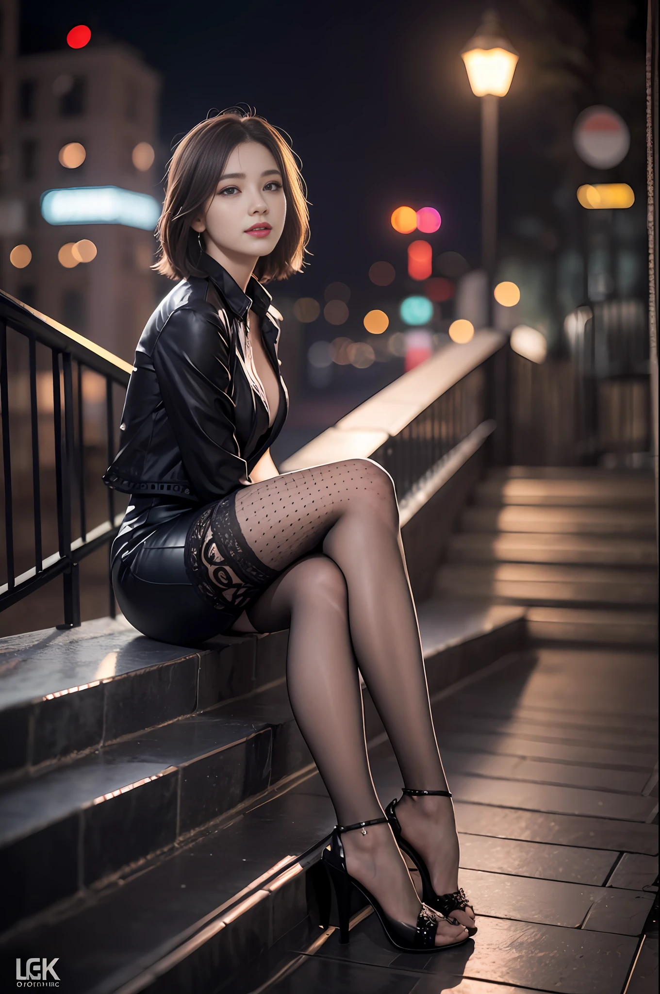 8K Raw Photos、high - resolution、17-year-old daughter、Layer Hair、Formal shirts、Formal skirt、Smiling smile、long eyelash、Beautiful double eyelids、eyeshadows、beautiful and thin legs、pantyhose、short haired、In front of the station at night、Stairs at night、squating、sit ch、Luxury high heels、(Intricate Detailing:1.4),(photorealestic:1.4),octane renderings, Complex 3D Rendering Ultra Detail, Studio Soft Light, rim-light, vivid detail, Super Detail, realistic skin textures, Detail Face, Beautiful detail eyes, Very detailed CG Unity 8K wallpaper, Makeup, (Detailed background:1.2),