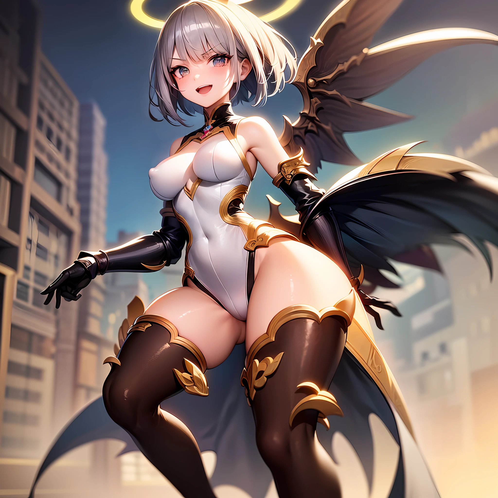 fantasy, 1angel_girl, loli,dk_color_hair, medium_bob_hair, long_bangs, halo,bare_shoulder,thighhighs,(shiny_silver_armor:1.1), waist_armor, large_breasts,angry,smile,open_mouth1pair_wings, dynamic_ pose_fighting,floating, bare_crotch, covered_nipples, covered_pussy,headgear,gauntlet, greaves, pelvic_curtain, city_sky_background,slightly_spread_legs, solo, groin_naked,(masterpiece, best quality, best quality, official art, beautiful and aesthetic:1.2), (1 girl), very detailed,