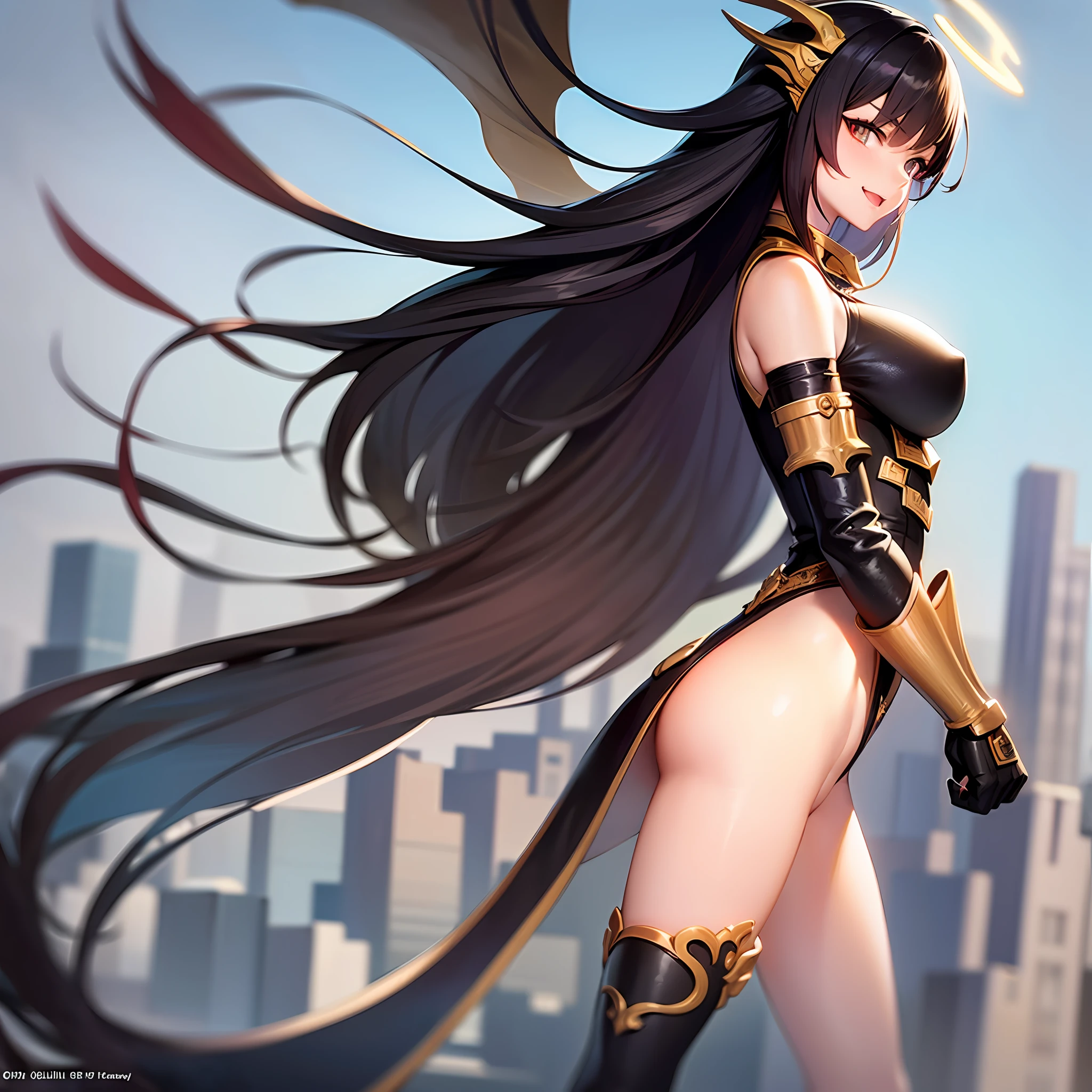 fantasy, 1angel_girl,child, ,dark_color_hair, medium_bob_hair, long_bangs, halo,bare_shoulder,thighhighs,(shiny_silver_armor:1.1), waist_armor, large_breasts,angry,smile,open_mouth1pair_wings, dynamic_ pose_fighting,floating, bare_crotch, covered_nipples, covered_pussy,headgear,gauntlet, greaves, pelvic_curtain, city_sky_background,slightly_spread_legs, solo, groin_naked,(masterpiece, best quality, best quality, official art, beautiful and aesthetic:1.2), (1 girl), very detailed,