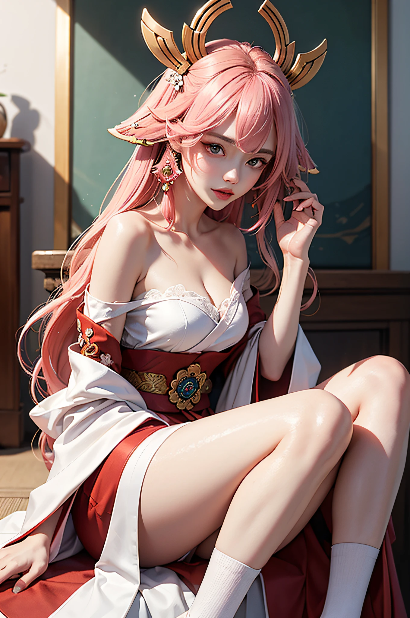 officlal art，Unity 8k wallpaper，Ultra Verbose，aesthetically pleasing，beautiful，The Masterpiece，best qulity，
Yae Miko in Genshin，1 girl close-up，（Long pink hair，gold hair ornament），off shoulders，leggy，white stocking，White robe，