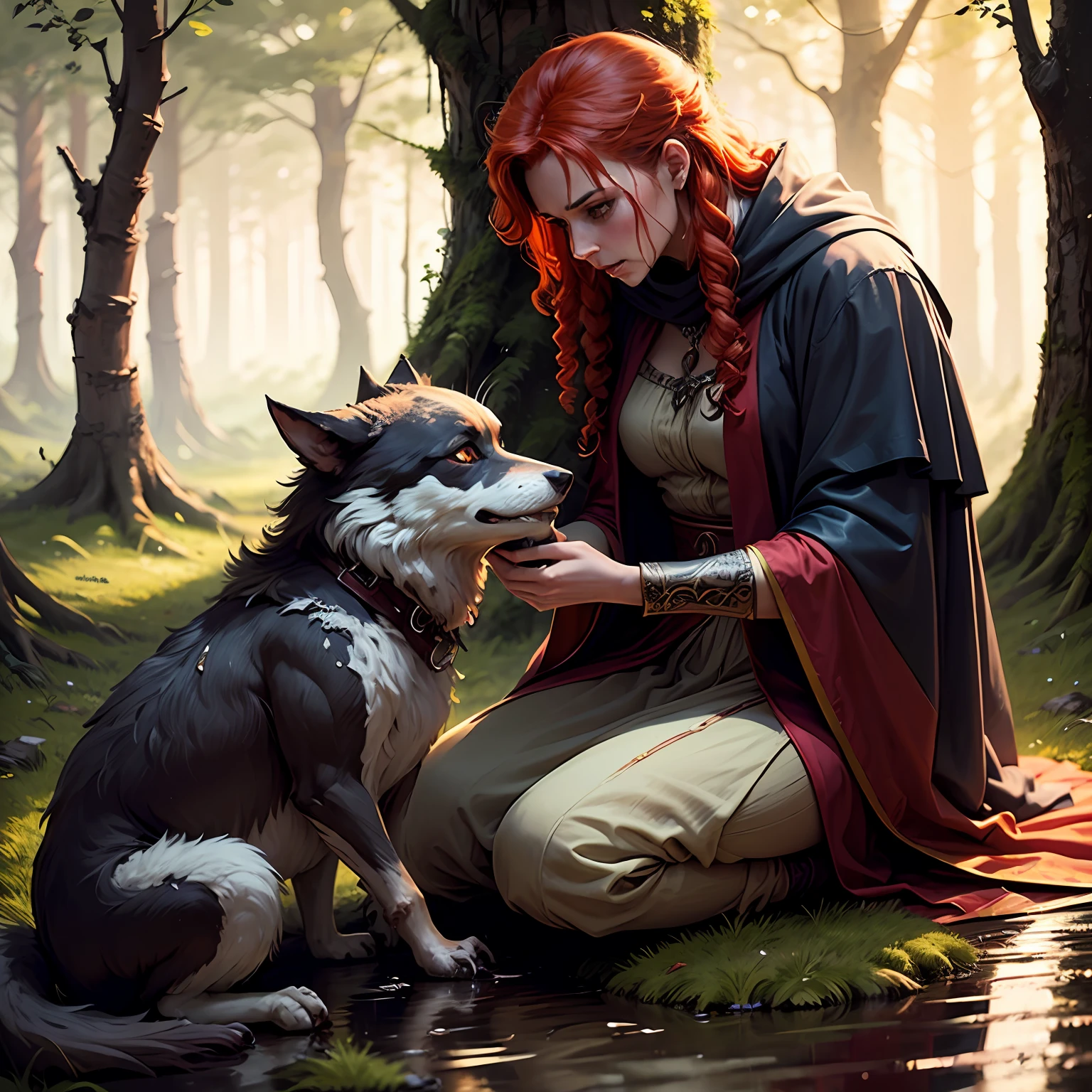 An old wounded werewolf sitting on the floor of a dark forest A very damp place full of trees, roupas pobres, fundo desfocado, Natural Daylighting, A beautiful red-haired priestess in ancient Greek costumes tending to the werewolf's wounds. --auto
