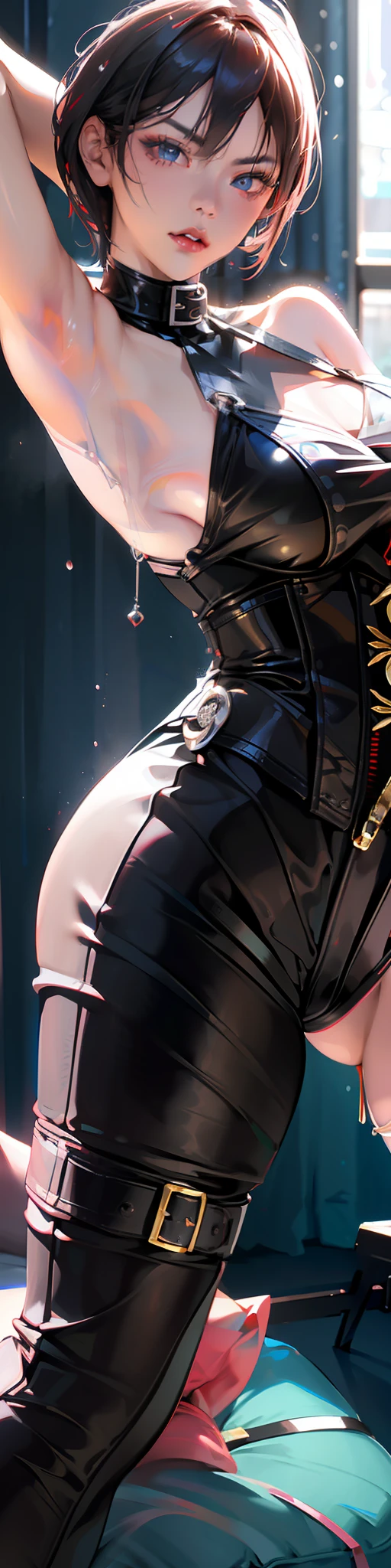 Handcuffs,BDSM,Slave,Rubber,Red Corset,Red Collar,NSFW,((Top Quality, 8k, Masterpiece: 1.3)), Sharp Focus: 1.2, Beautiful Woman with Perfect Figure: 1.4, Glamorous Figure, Overflowing Breasts, Tightly Squeezed Waist, (Seductive Buttocks), Wet Body: 1.5, Very Detailed Face and Skin Texture, Detailed Eyes, Double Eyelids, Very Short Hair, Best quality, masterpiece, ultra high res, (photorealistic:1.4), RAW photo