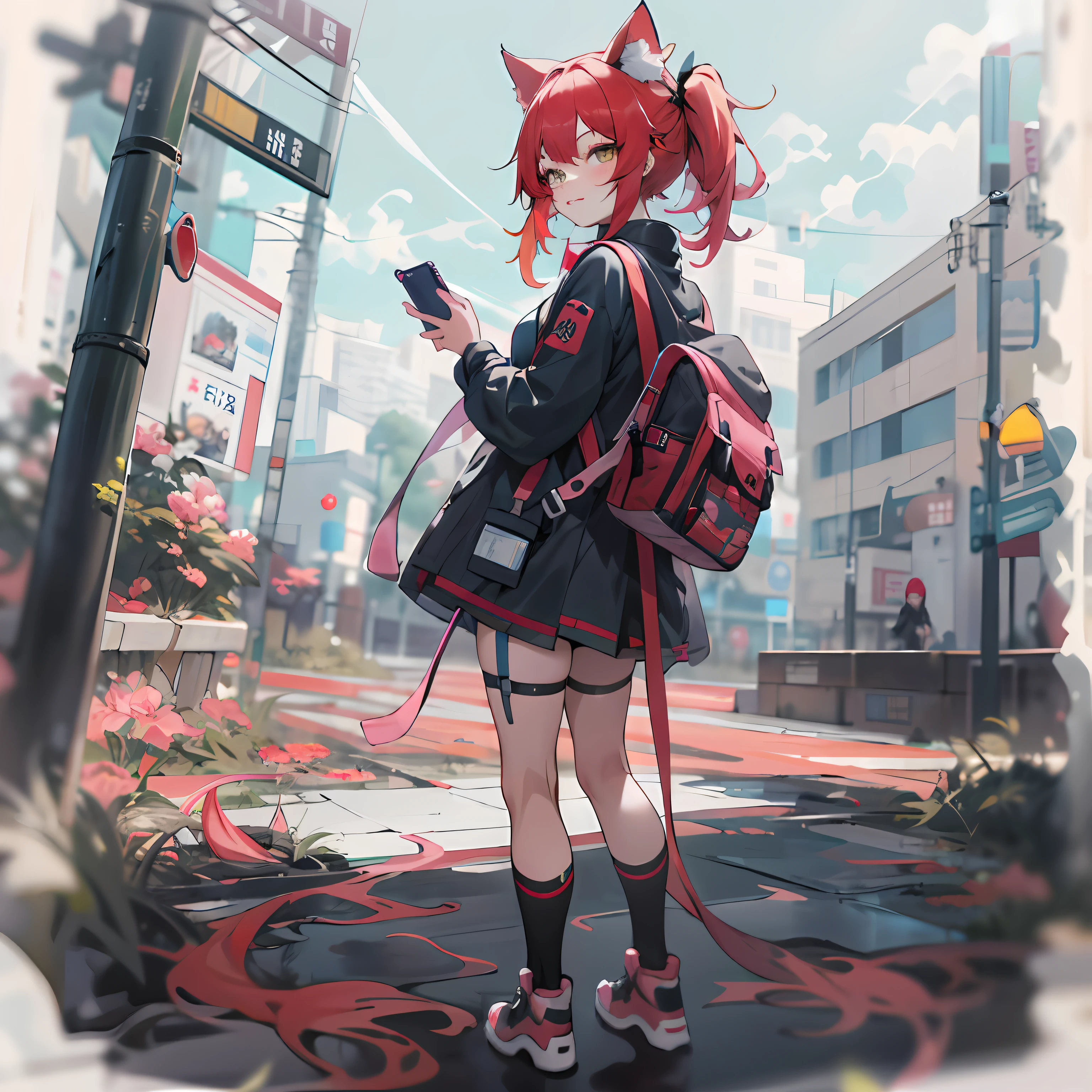 anime girl with red hair and a backpack looking at her phone, guweiz on pixiv artstation, anime catgirl, anime girl with cat ears, artwork in the style of guweiz, Guweiz on ArtStation Pixiv, beautiful anime catgirl, cute anime catgirl, An anime girl, trending on artstation pixiv, girls frontline style