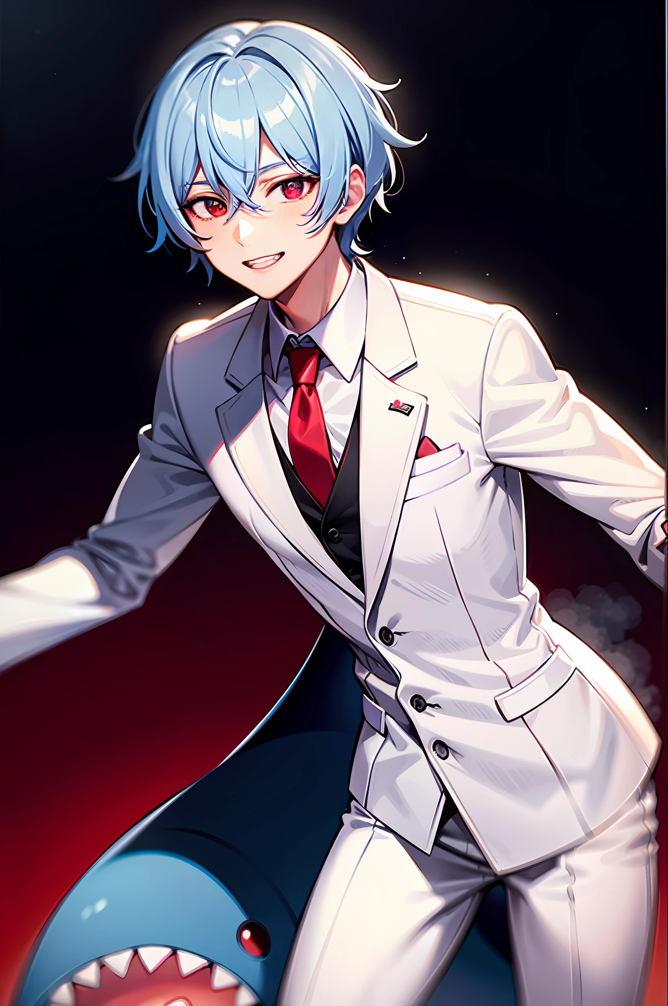 best qulity,ultra-highresolution,male,Light blue hair,shorter hair,Smile with,Red eyes,Eye silkworm,Shark teeth,white uniform、White lab coat、Red Tie,half-body,looks at the viewer,Leaning forward,Blush slightly, Masculine,Masculine,Masculine,Masculine
