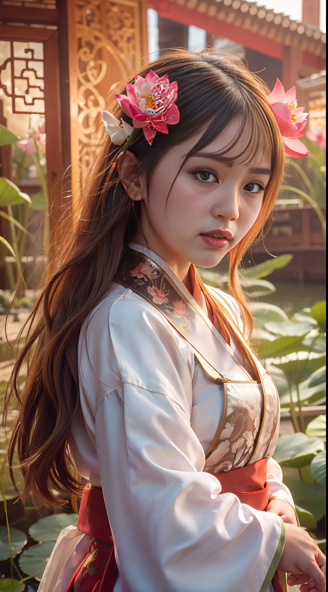 A slightly chubby beauty,long way hair,Yellow short-sleeved hanfu,prette,Chinese wind,Tang dynasty beauty,Round face,Busty and sexy,Picking lotus flowers,Lotus in hand,Small wooden boat,Delicate facial features,The same person,Same outfit,high-definition,Macro,high qulity