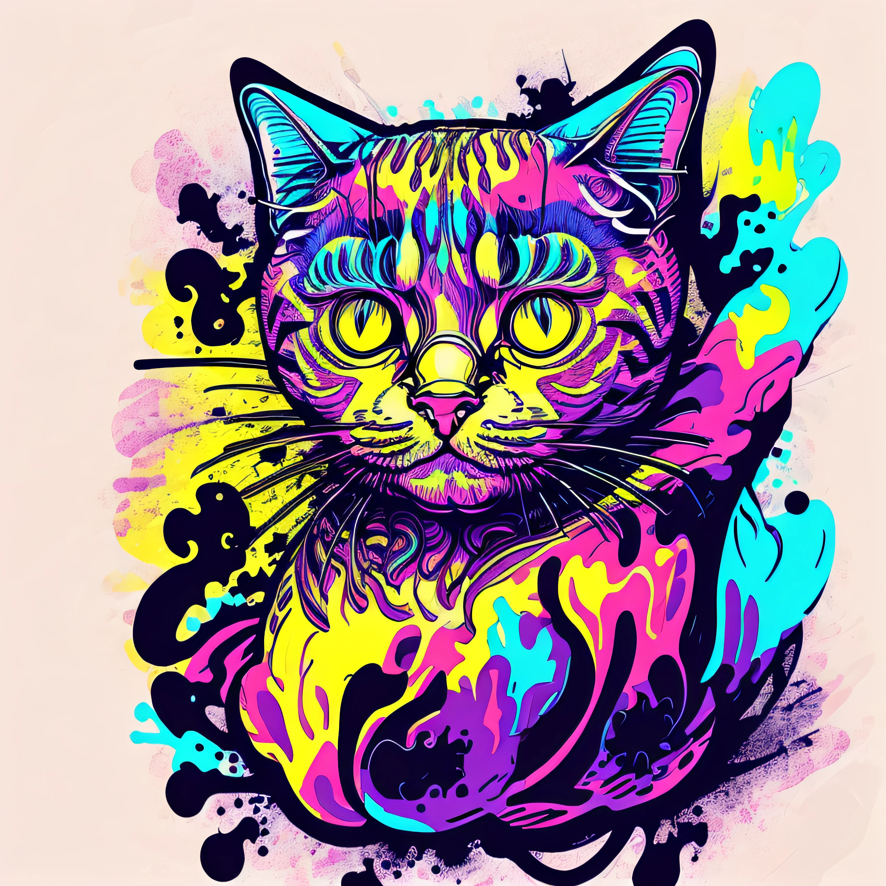 Create some illustrations with black background of an abstract and geometric cat using vibrant colors to be used as a T-shirt print. --auto