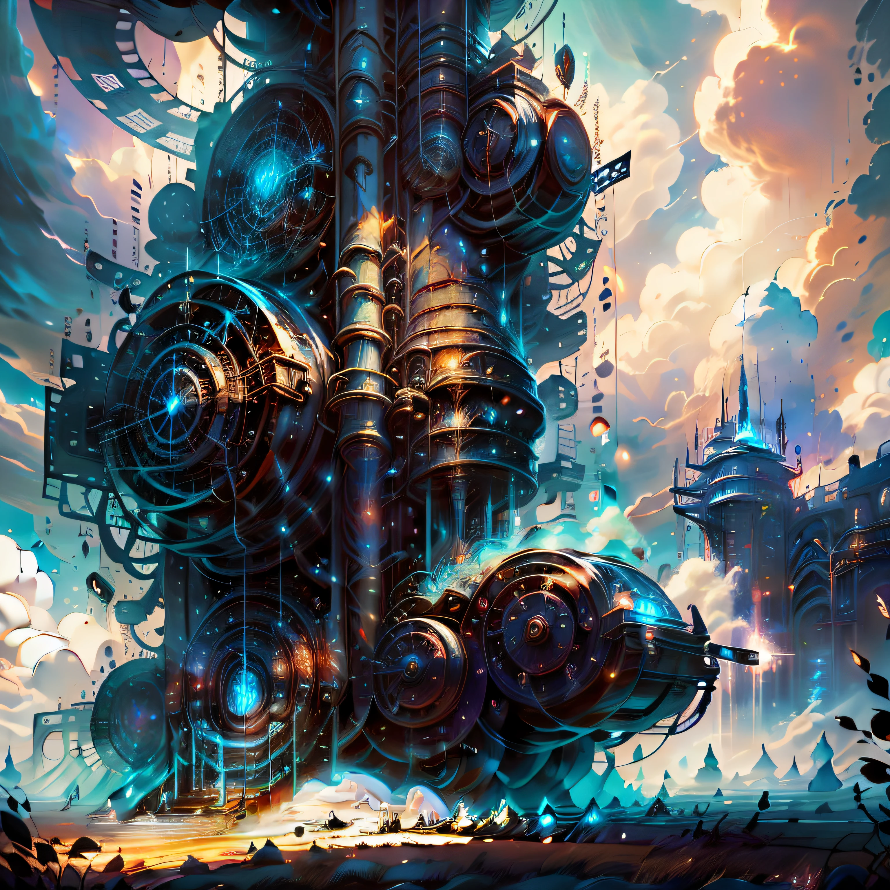 Our sky as a huge machinery controlled by hidden machines in the clouds, masterpiece, detailed, intricate,