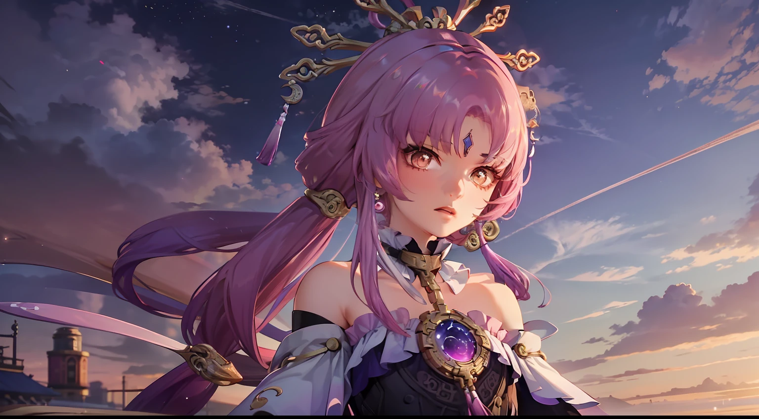 (Best quality: 1.3), (Masterpiece: 1.3), (Ultra Detail: 1.3), (wallpaper, 1 girl, Fuxuan, pink hair: 1.1),
cloud,colorful