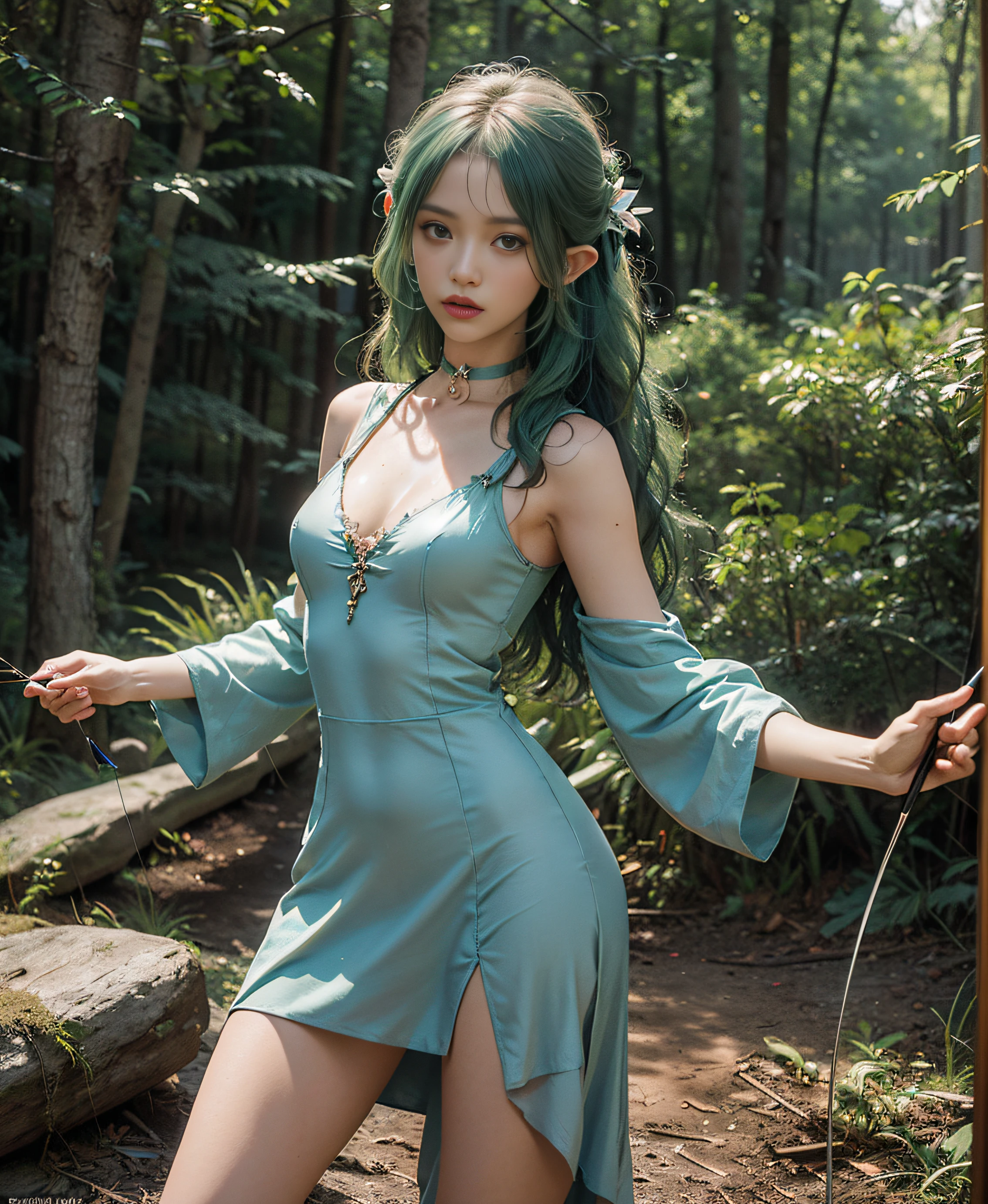 Top image quality、ultra-highresolution、Masterpiece、Photoquality(photo realistic image:1.8)、pores、accuracy、Green hair、slong hair、long pointed ears、elvish、full entire body、standing a、see through dress、Hold a bow and arrow、choker、tiny breast、Beautiful face、20-year-old、forests、forest fae、