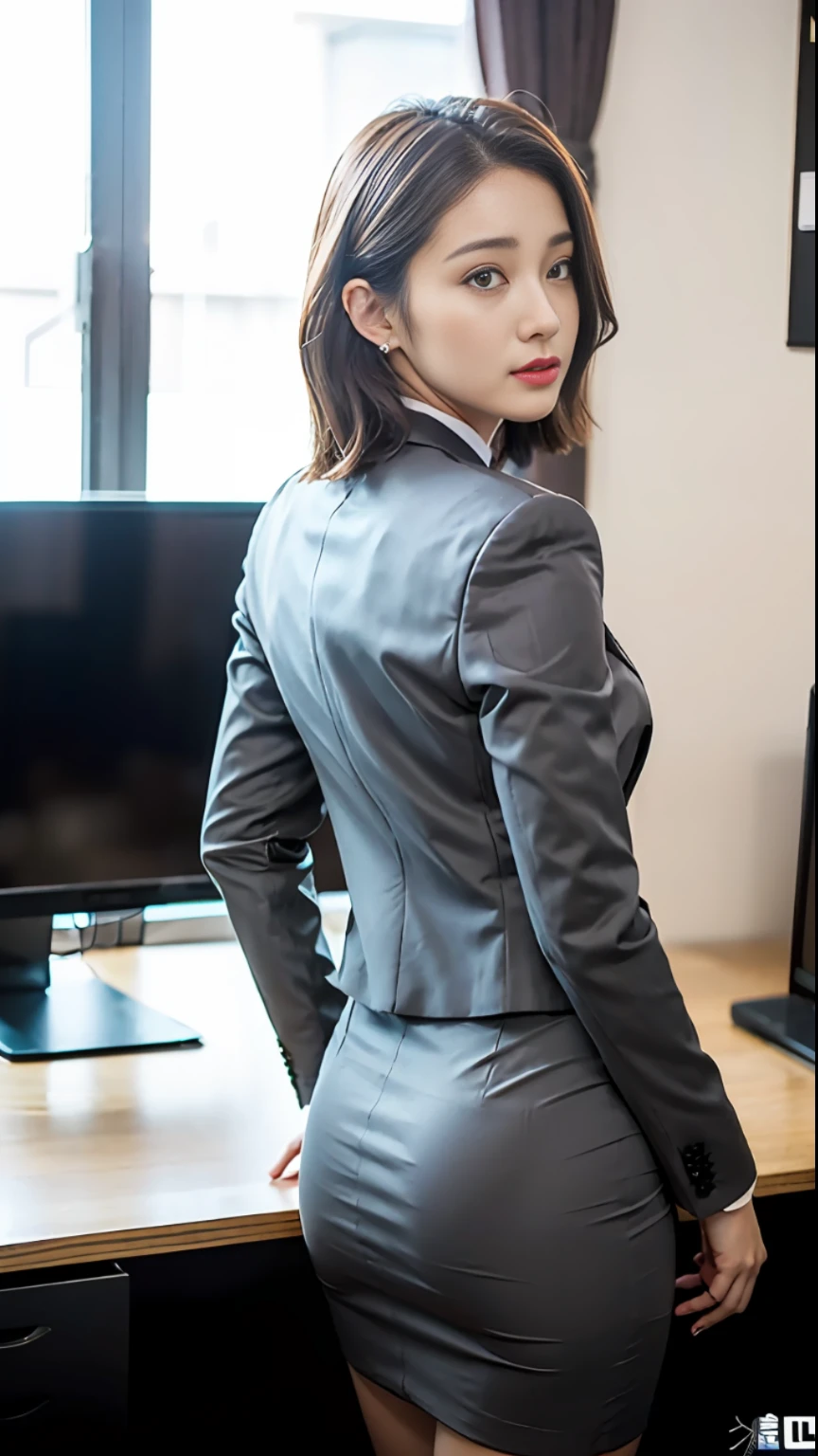 (best quality, 8k, 32k, masterpiece, UHD: 1.2), 1 girl, beautiful Japanese woman, thin waist, gray suit, OL, suit, mini mini skirt, from behind, office, desk, (butt sticks out :1.3), fine face, short hair,