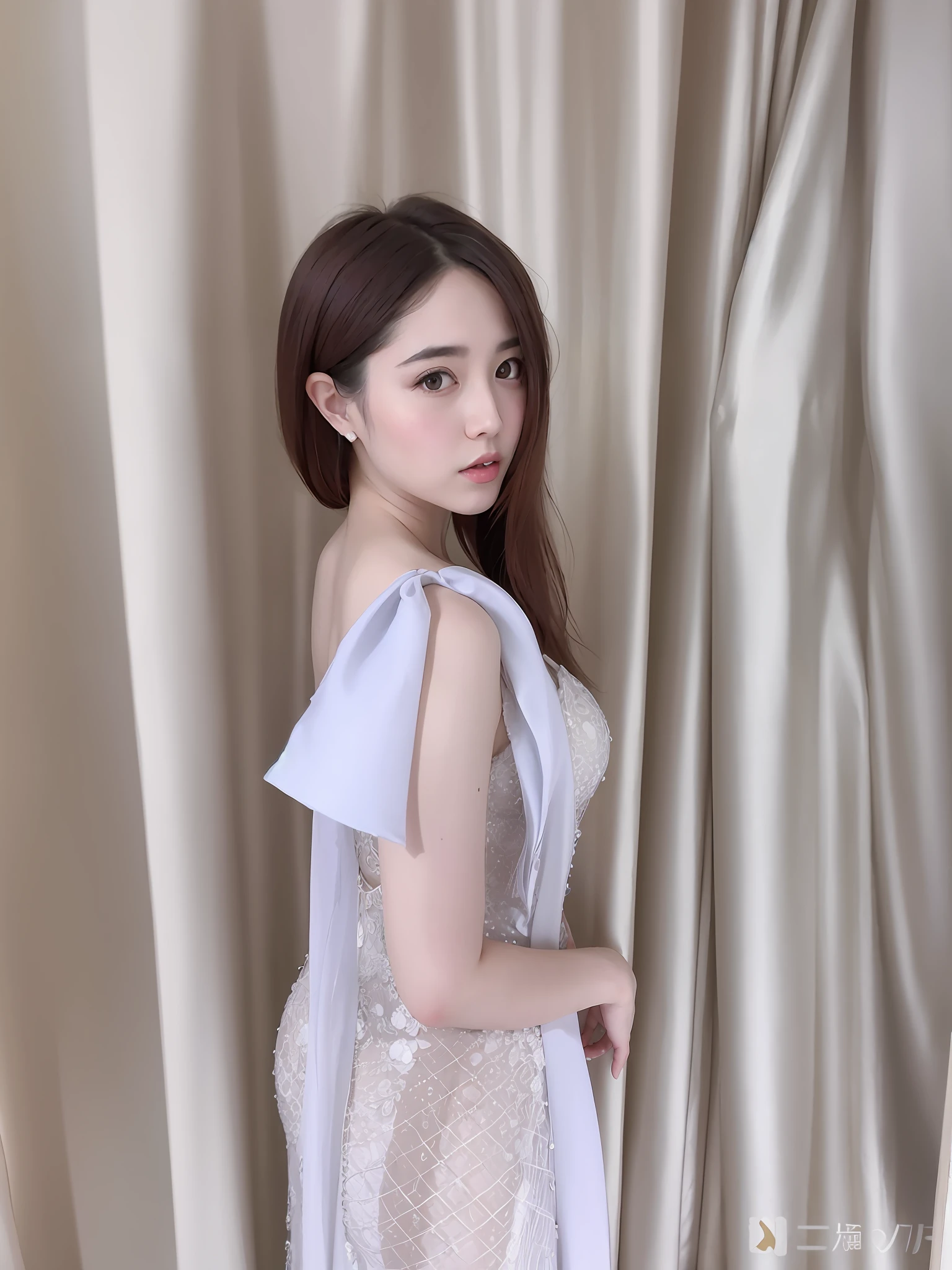 araffe woman in a white dress standing in front of a curtain, dilraba dilmurat, yanjun cheng, xintong chen, cute elegant pose, shaxi, photo of slim girl model, full body xianxia, wenfei ye, xision wu, Yoshitomo Nara, Beautiful Korean Woman