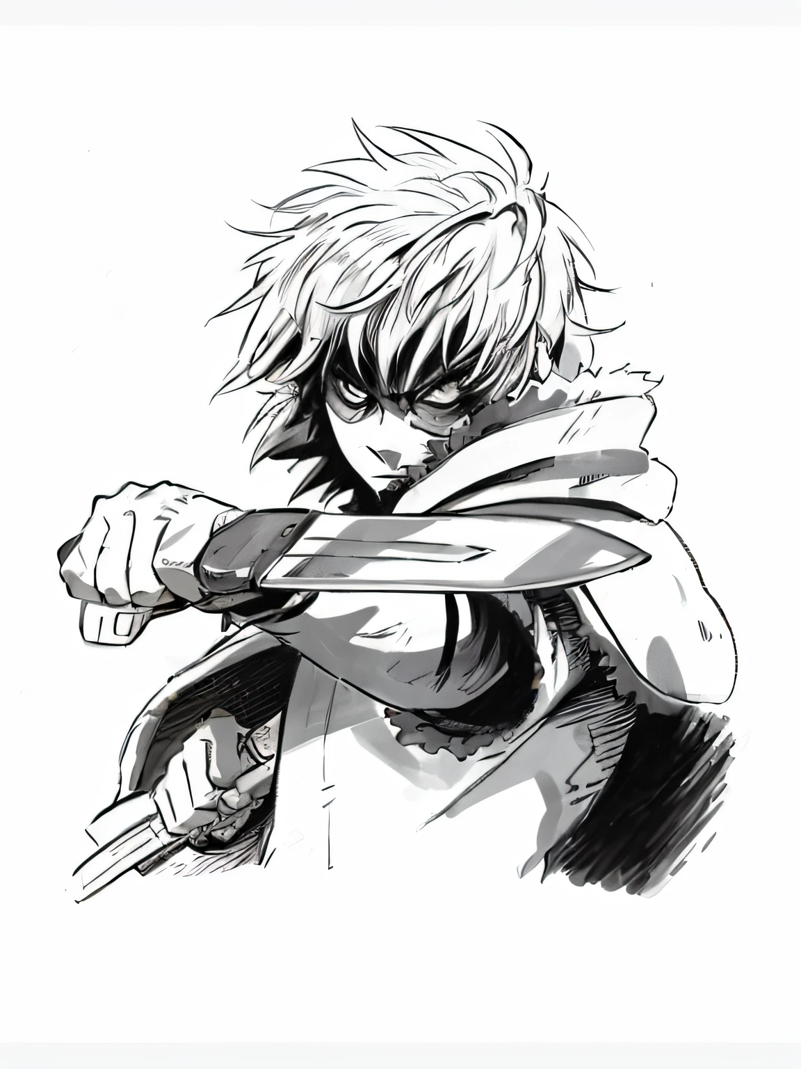 a drawing of a man holding a knife in his hand, striking manga artstyle, arte detalhada do personagem de anime, sombreamento fresco, kentaro miura manga art style, estilo de anime limpo e detalhado, Killua Zoldyck Retrato, pose, ink manga drawing, Gatilho Estilo de Arte de Anime, black and white manga style, inspirado em Ib Eisner, arte chave do anime