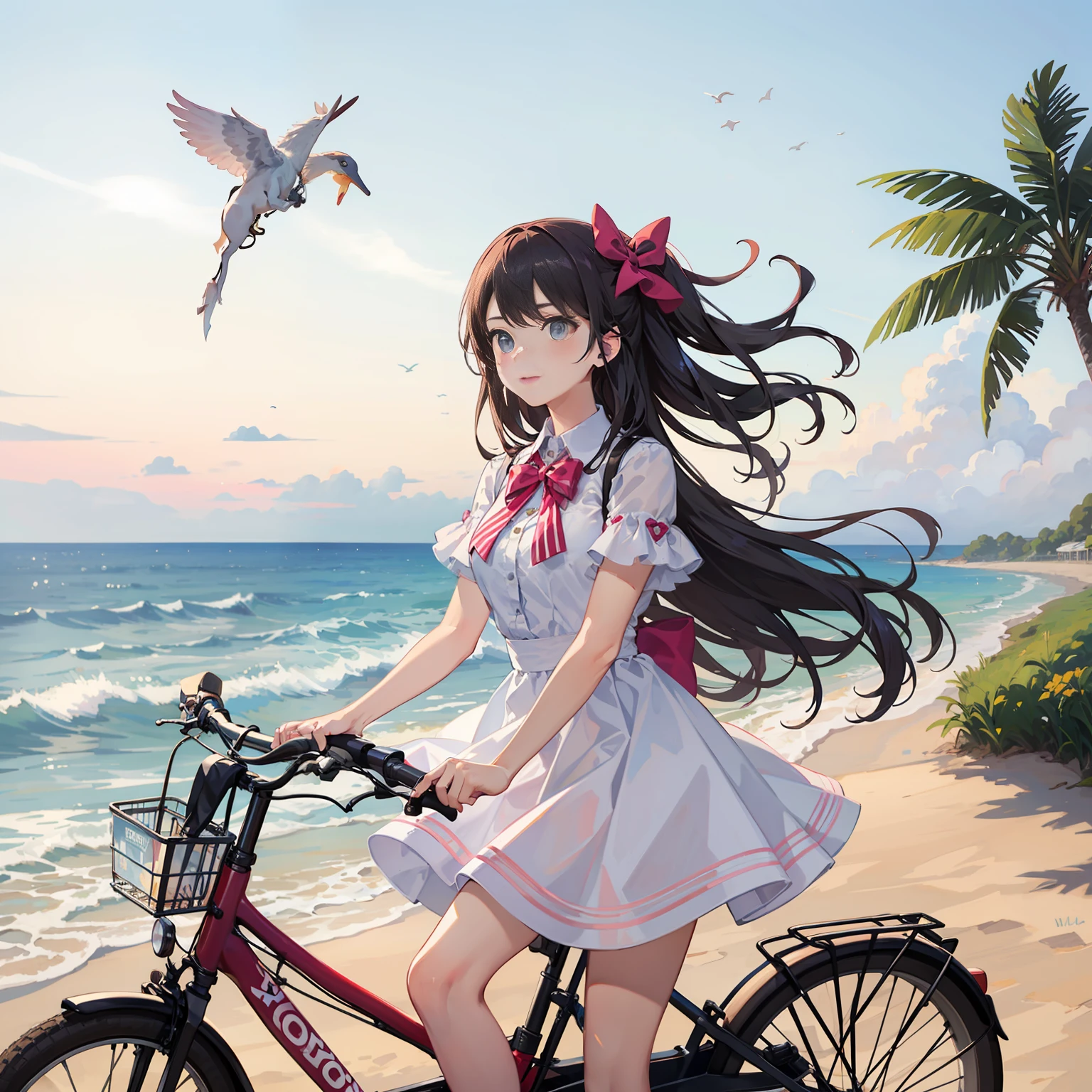 The Masterpiece， Best quality，Girl riding a bicycle on seaside road，Pink and white bow dress，