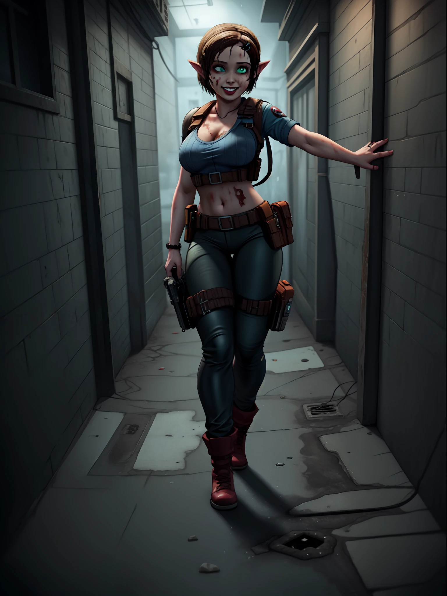 ((full body):1.5) Princess Zelda: blue shirt and long black pants, shirt and pants extremely tight on her body, she has extremely heavy breasts, has short blue hair, has green eyes, is doing sexual pose, smiling, she is walking, through a ghoulish city, night, raining heavily, ((several zombies):1.2), 16k, high quality, high details, UHD, ((Resident Evil):1.3)