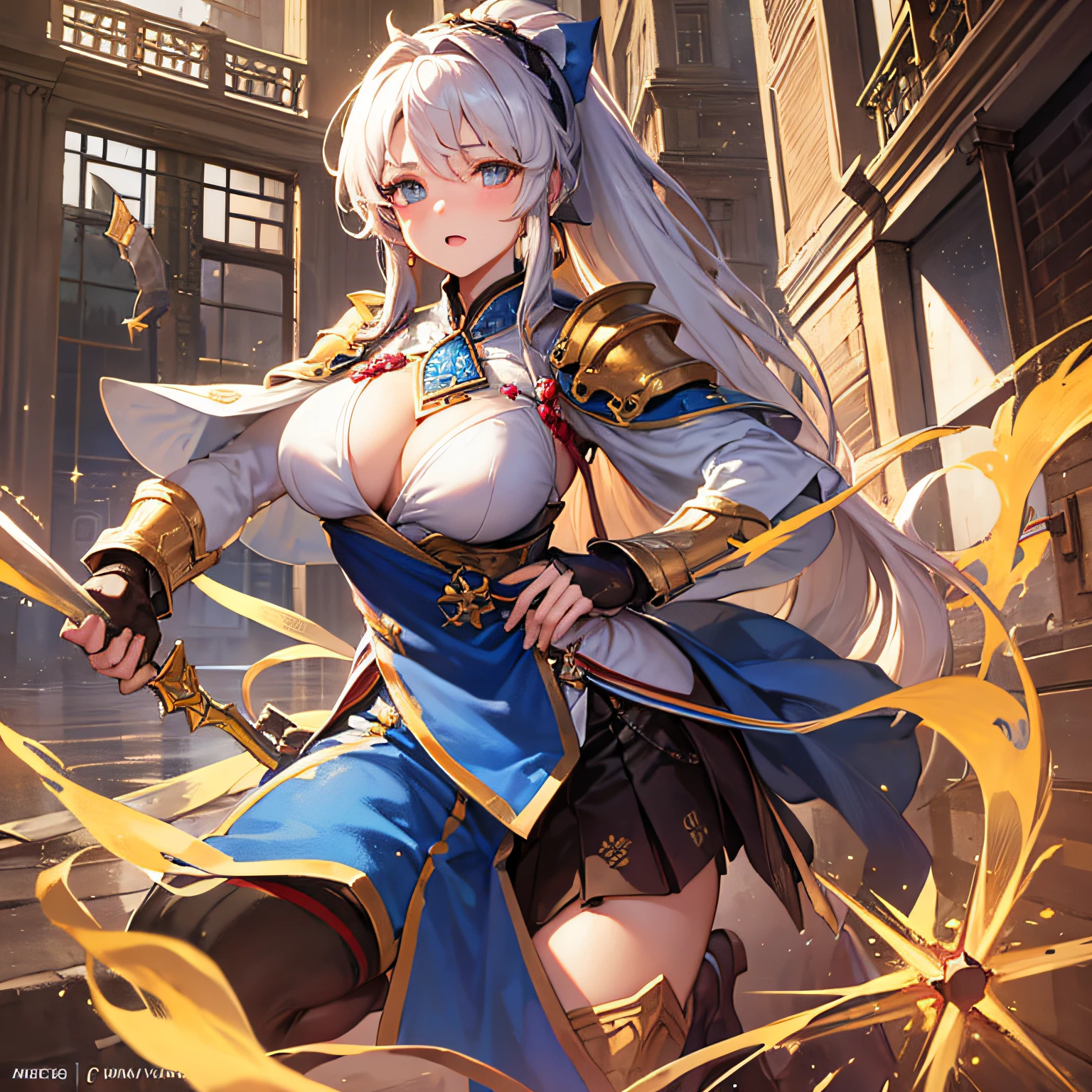 Peerless beauty,Perfect slim body,Mature royal sister face,Double ponytail curls,Knight armor,Sexy and seductive,Nice face,Full body like,4K quality,Feminine expression,Blush shyness,Star-like deep eyes,Huge breasts,short miko skirt,Knife pulling posture。Overflowing bust,Fight Warcraft,speed lines,best possible quality,The Masterpiece,Magnificent background,On the battlefield,Clothes are broken