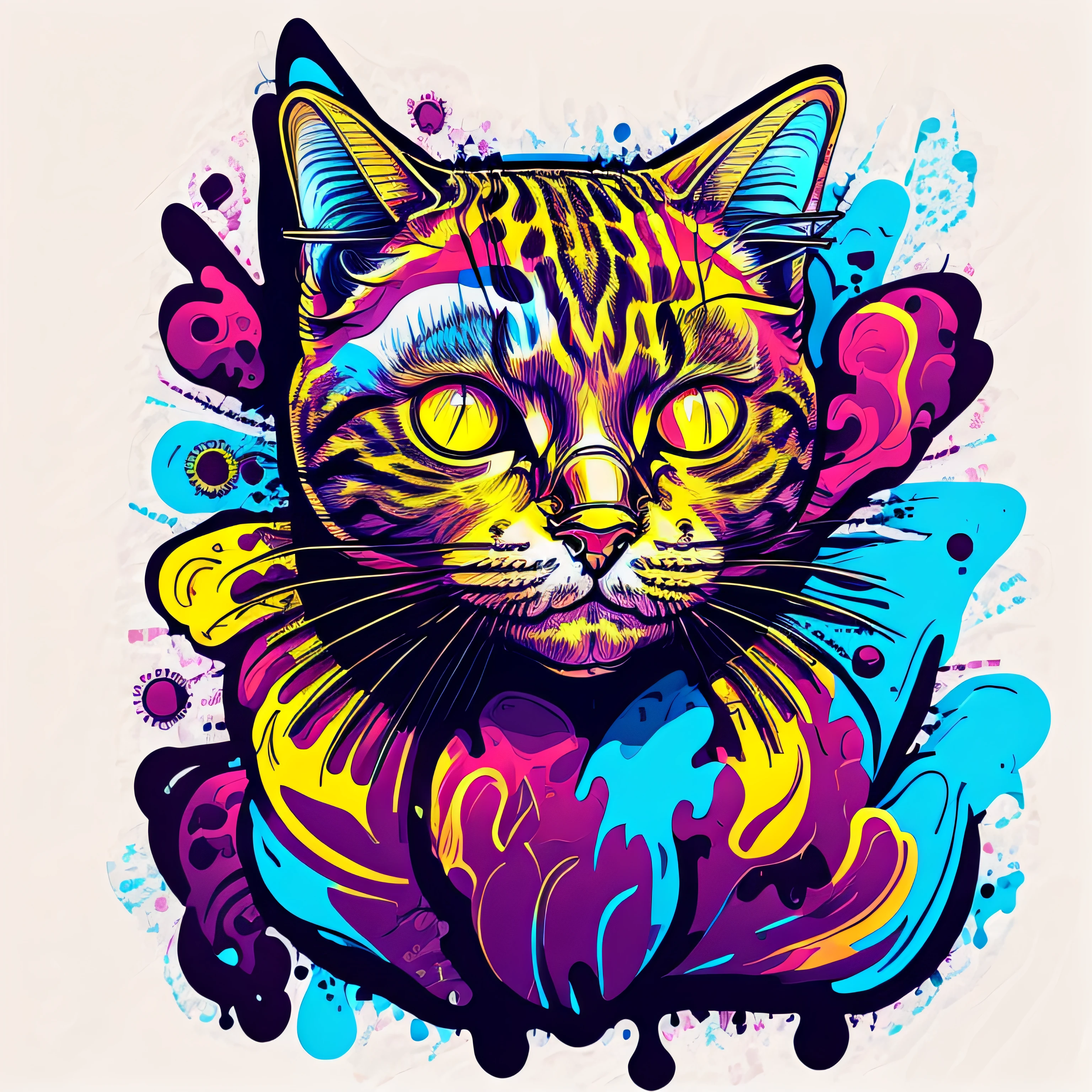 Create some illustrations with black background of an abstract and geometric cat using vibrant colors to be used as a T-shirt print. --auto