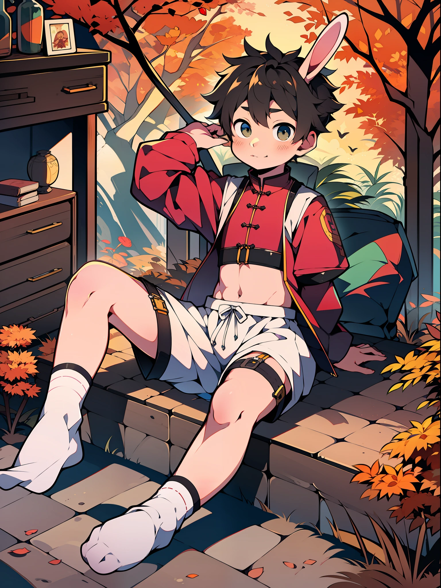 Two-dimensional cartoon boy Shota Shota, full body photo, cute, leg rings, white cotton socks, rabbit ears, Chinese style clothing, straps, autumn