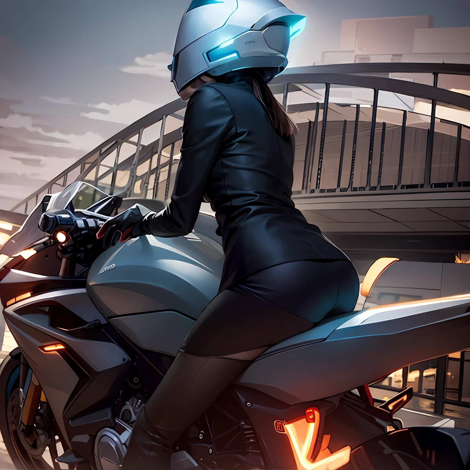 Women wearing mechs，Wearing a helmet and skirt, sitting on cyberpunk motorbike,